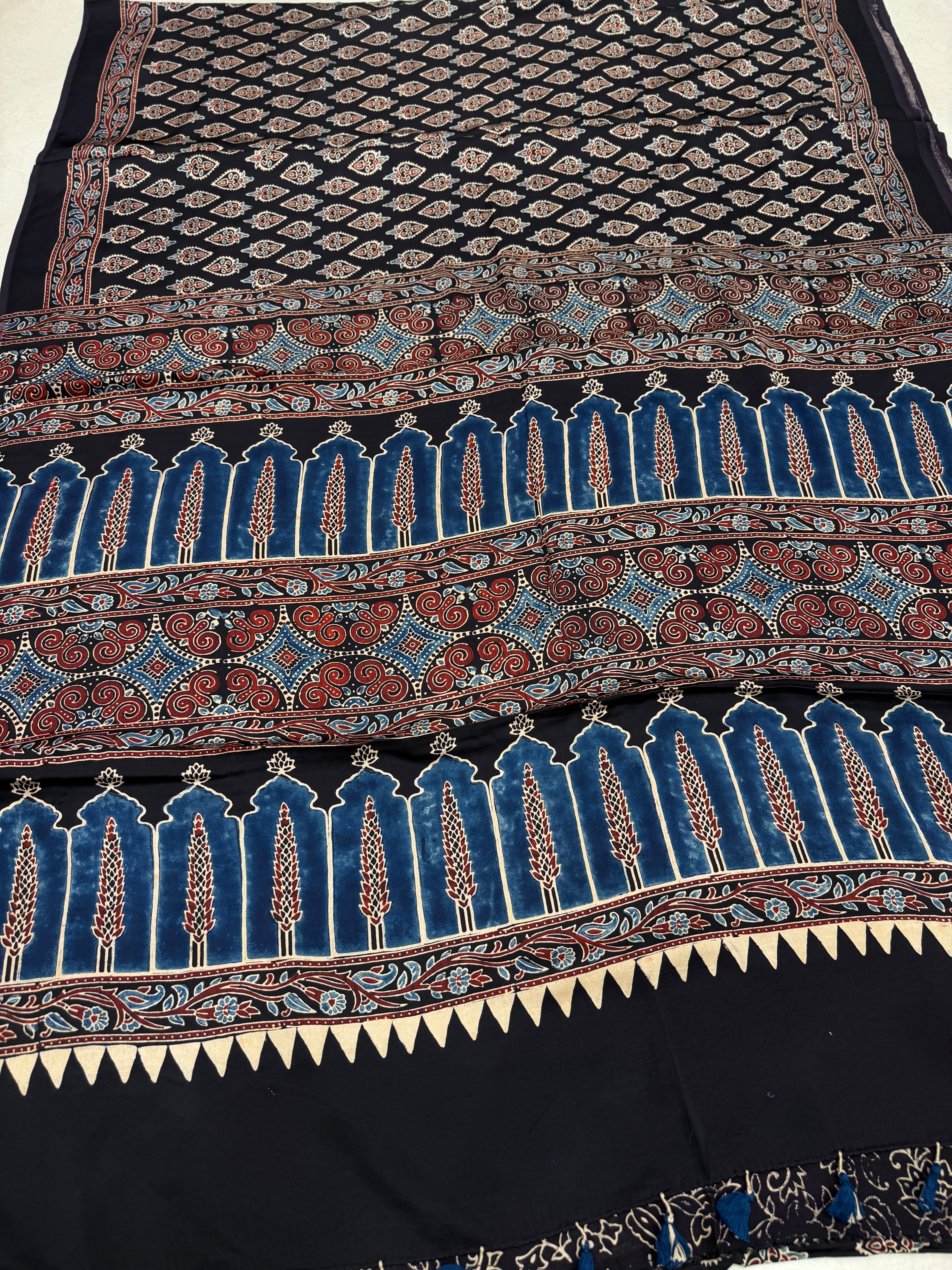 Black Keri Butta Ajrakh Block Print Hand Pure Gajji Silk Saree