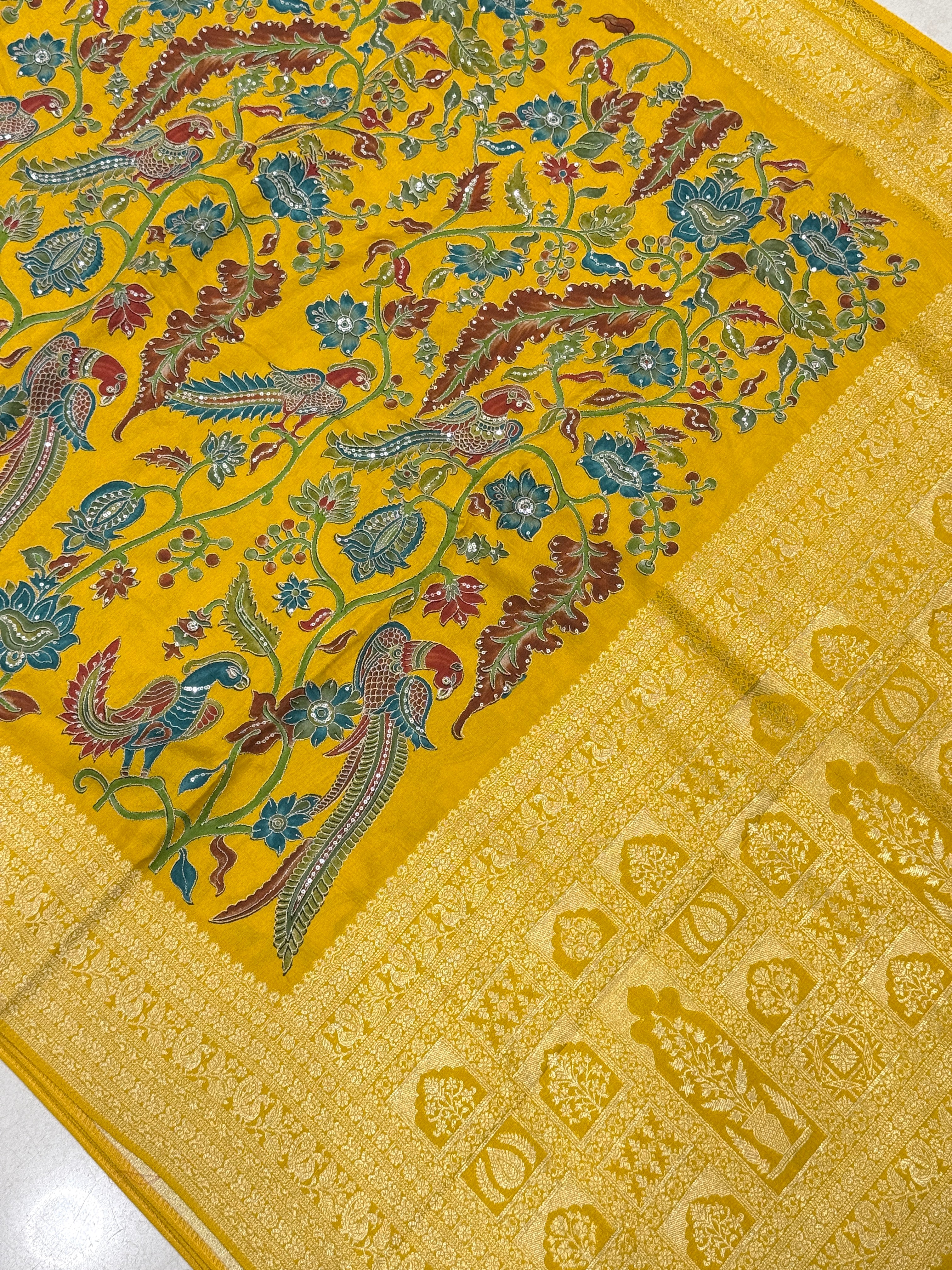 Yellow Kalamkari Weave Banarasi Munga Pita Embroidery Saree