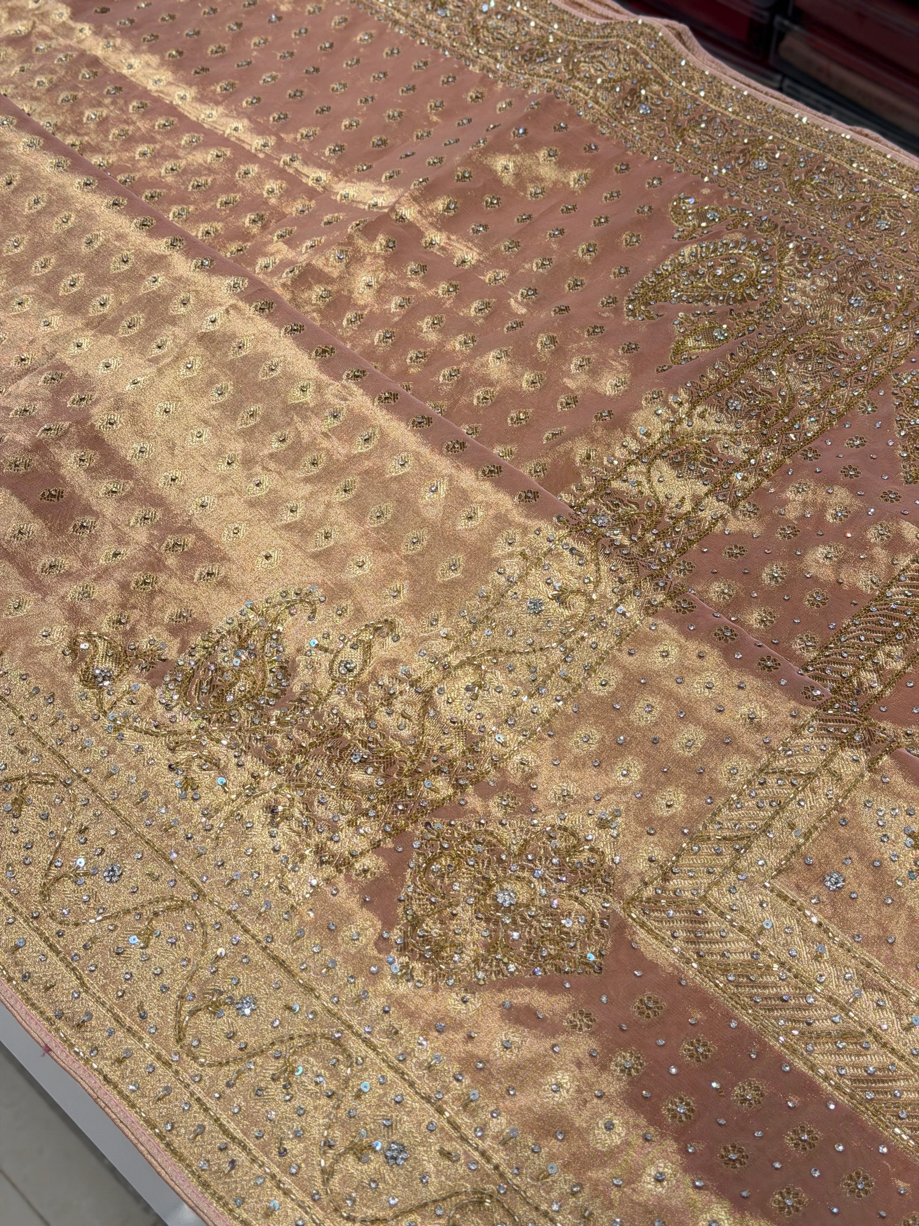 Pink Tissue Buttis Stones Hand Embroidery Saree