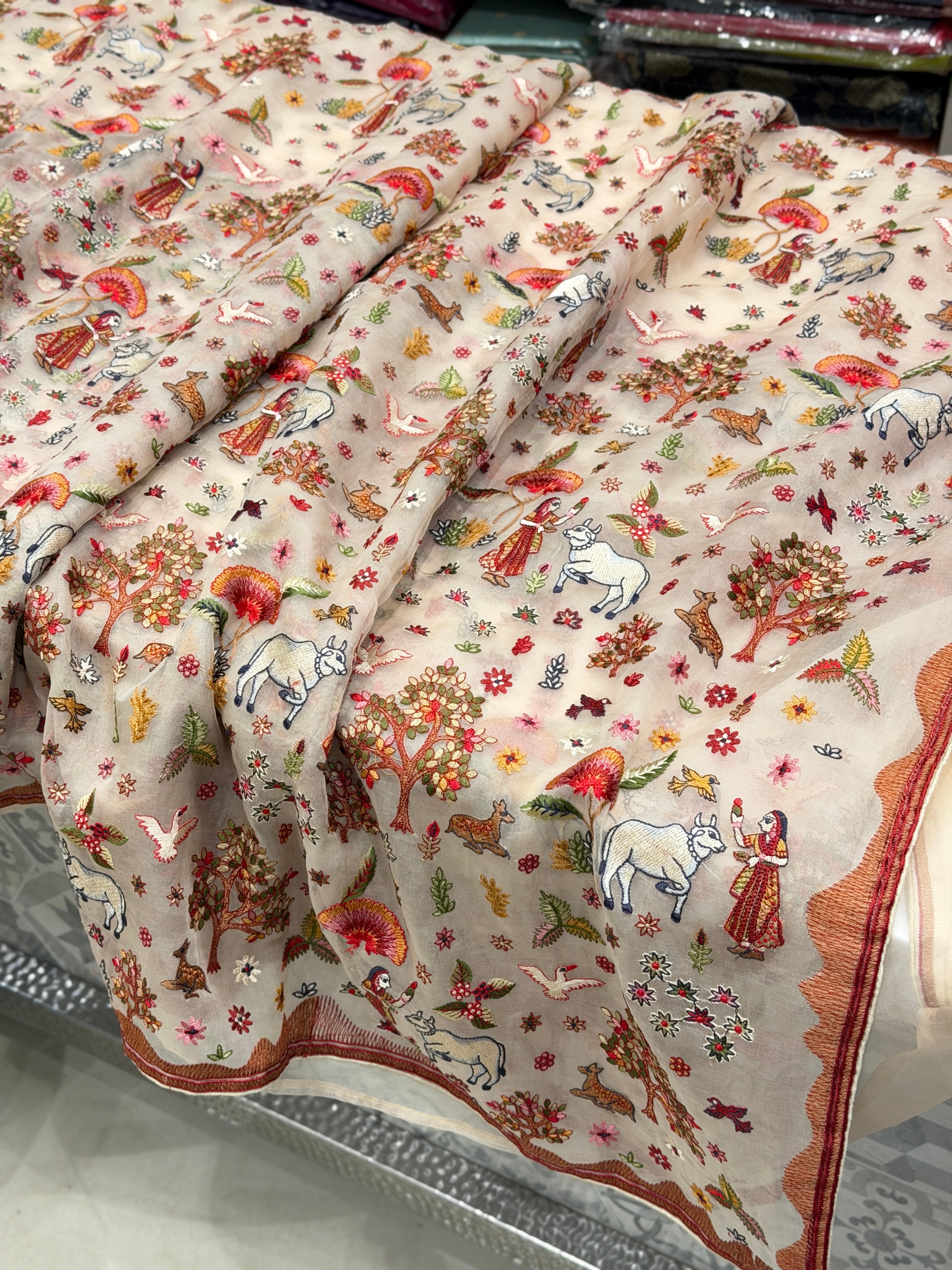 Moti White Nita Ambani Inspired Resham Embroidery Organza Saree