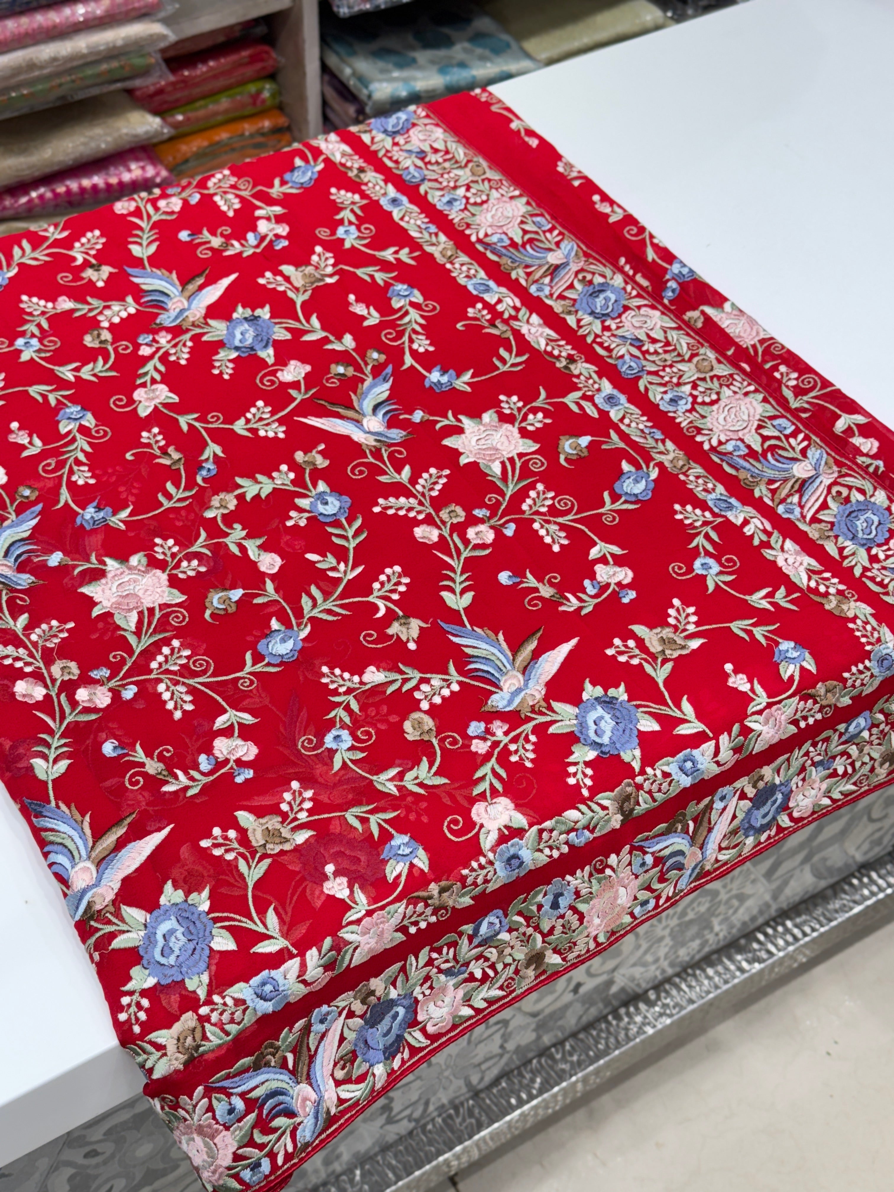 Red Double Border Georgette Parsi Gara Saree