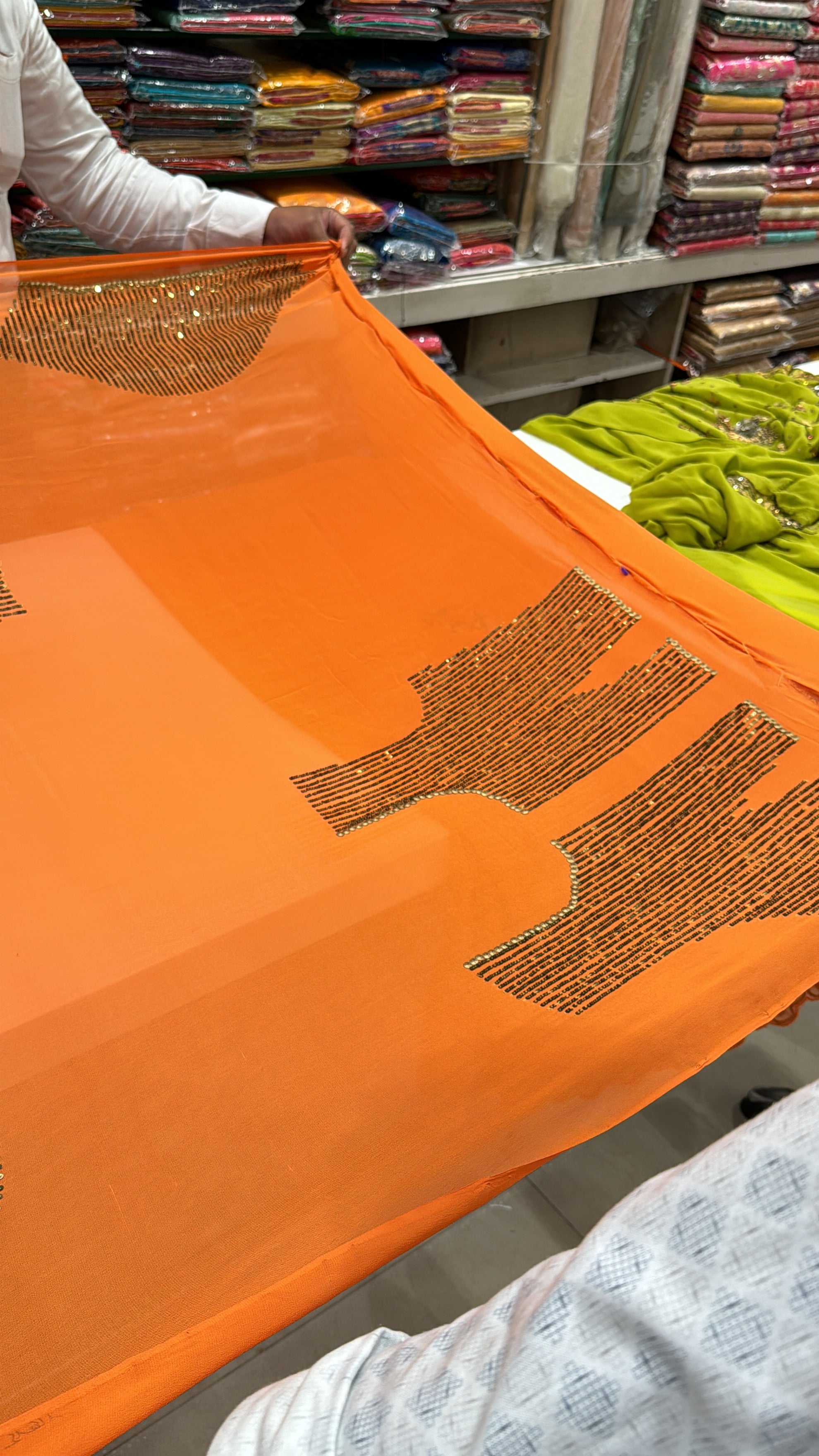 Orange Georgette Antique Sequin Hand Embroidery Saree