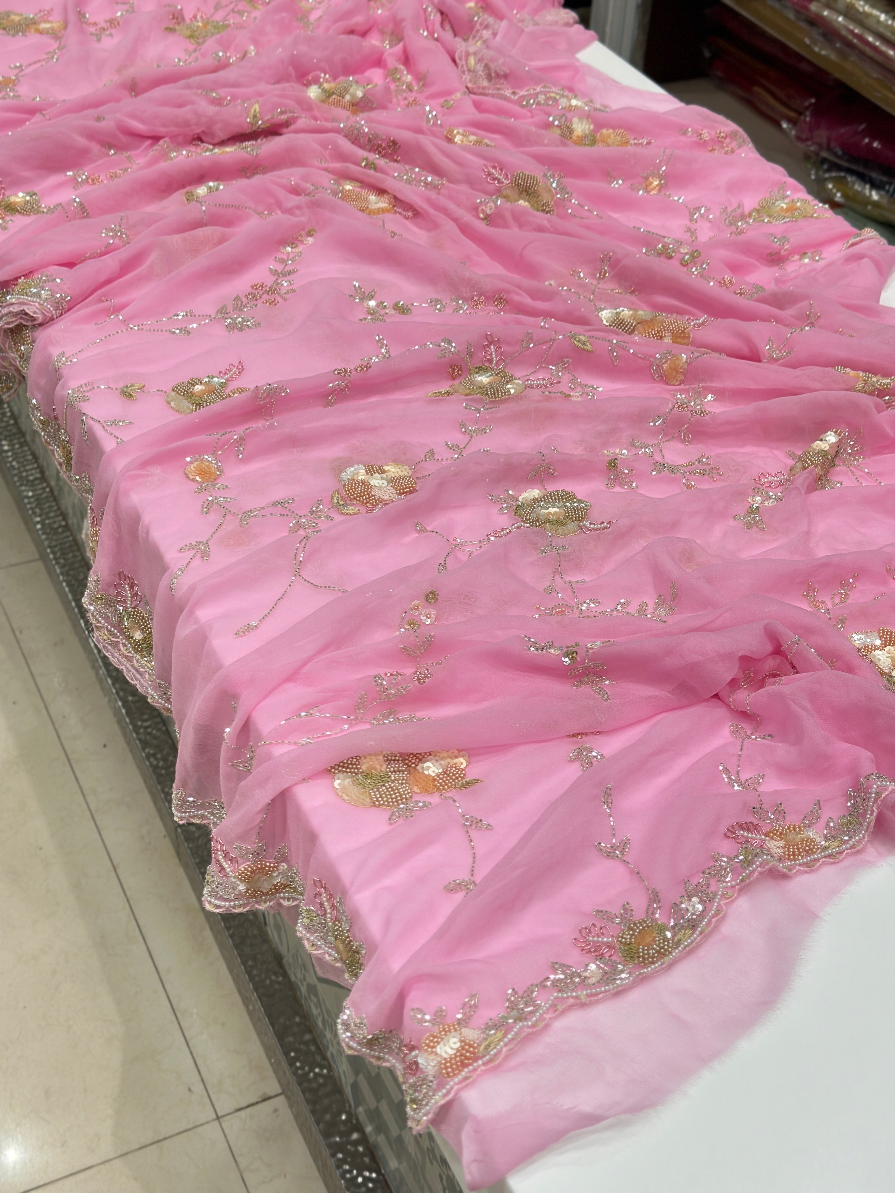 Pink Georgette Sequin Jaal Saree