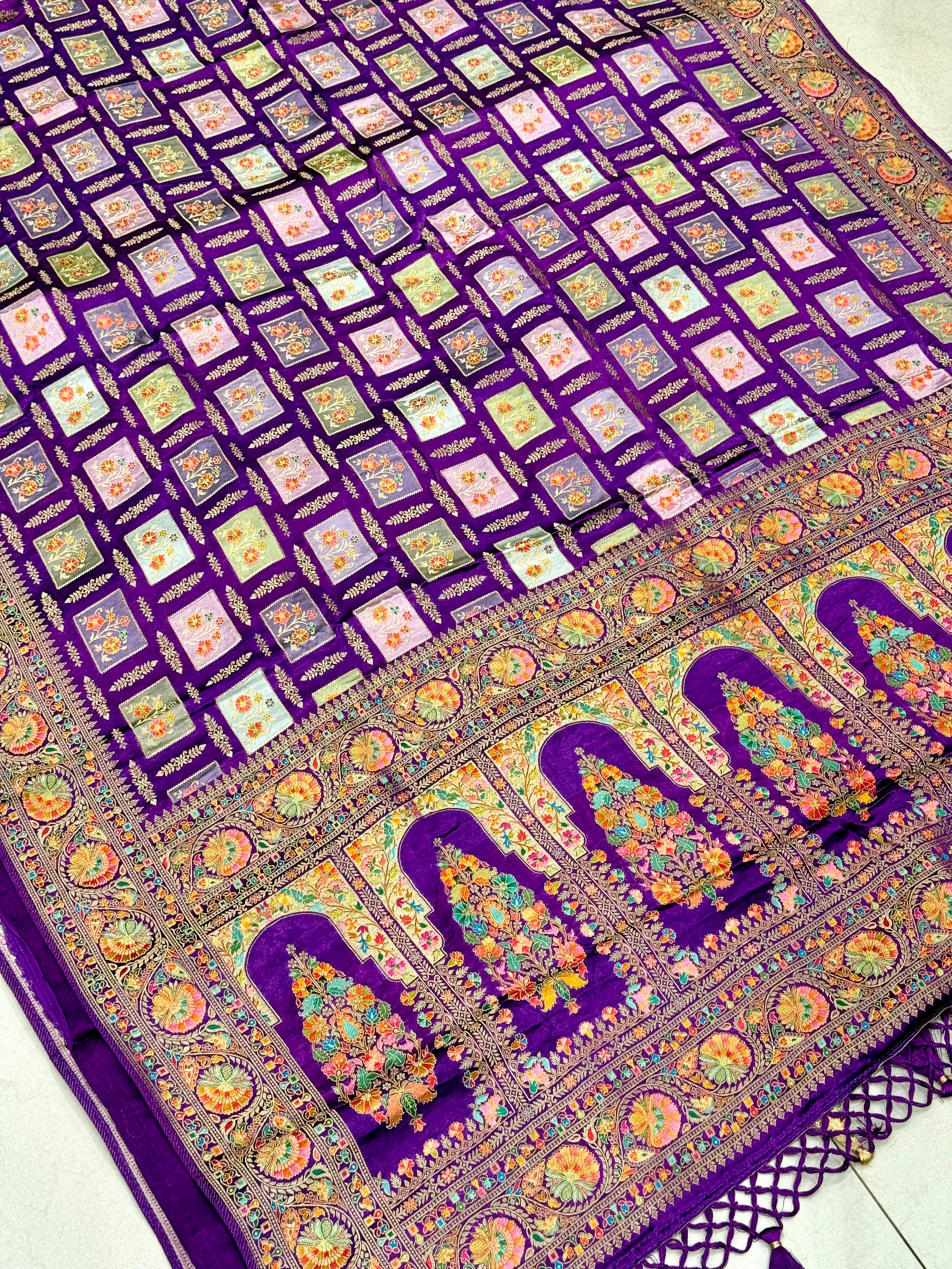 Violet Box Check Banarasi Modal Satin Rangkat Saree