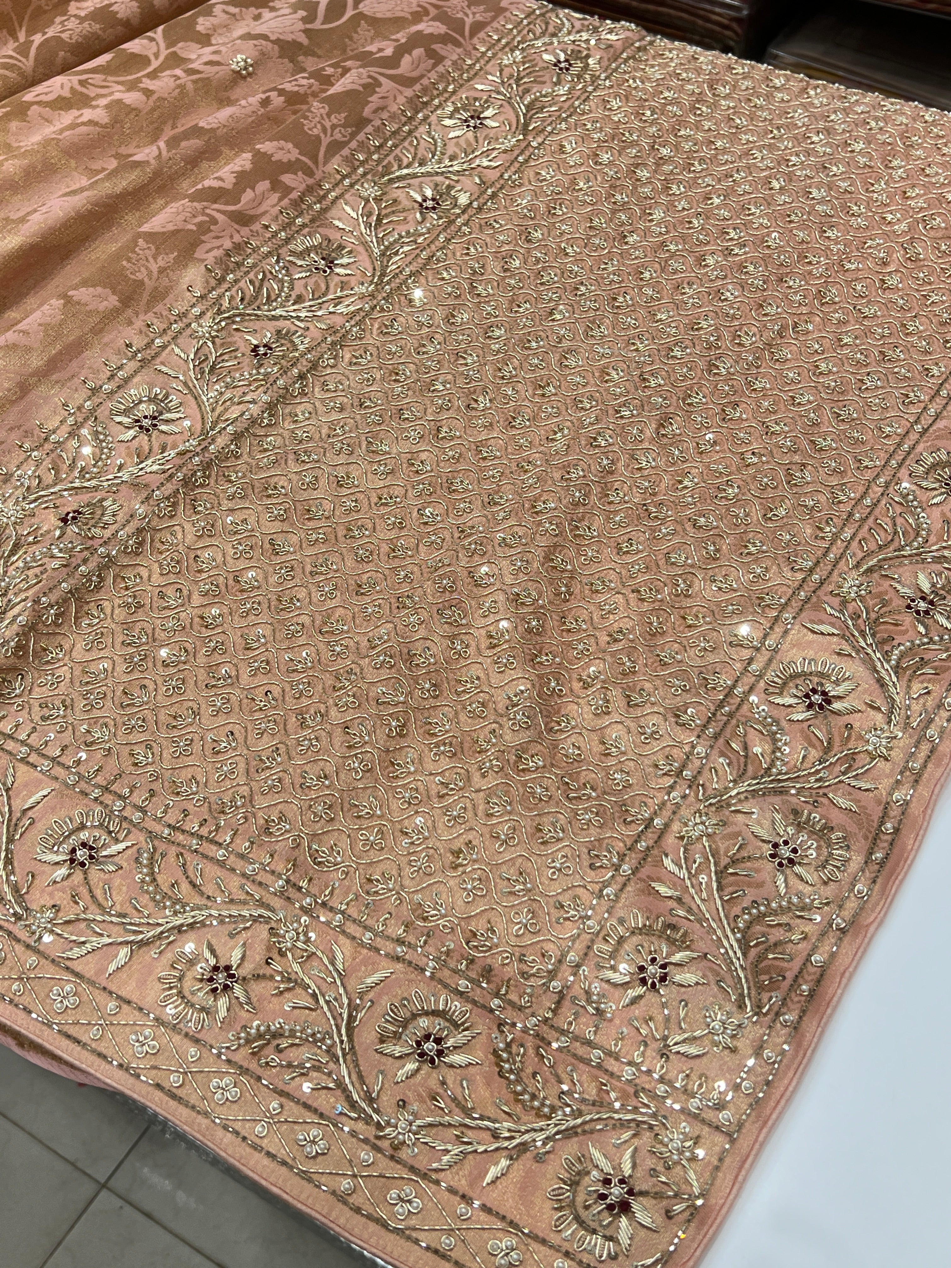 Nude Pink Floral Jaal Banarasi Zardosi Embroidery Saree