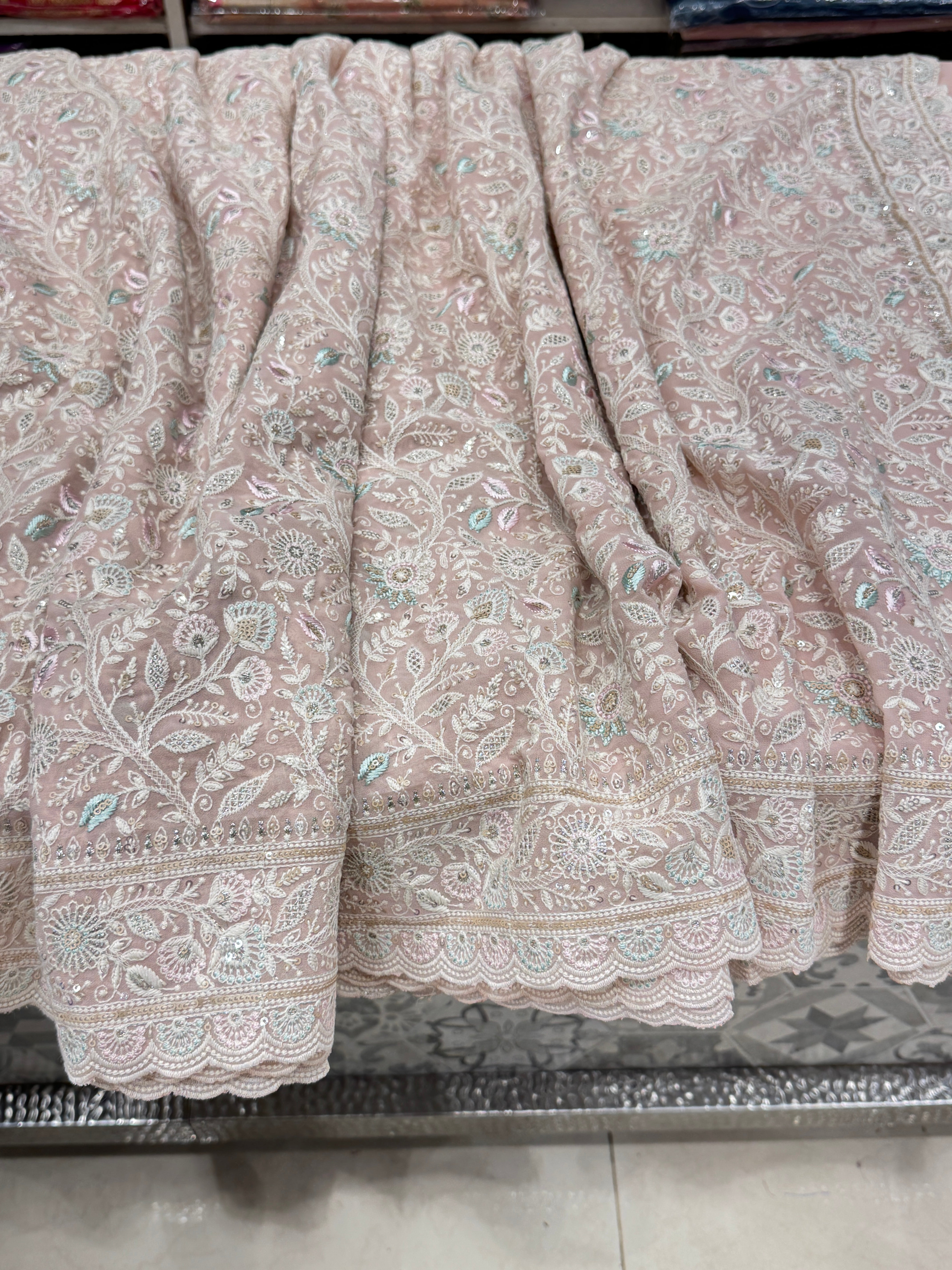 Nude Pink Meenakari Chikankari Scallop Design Saree