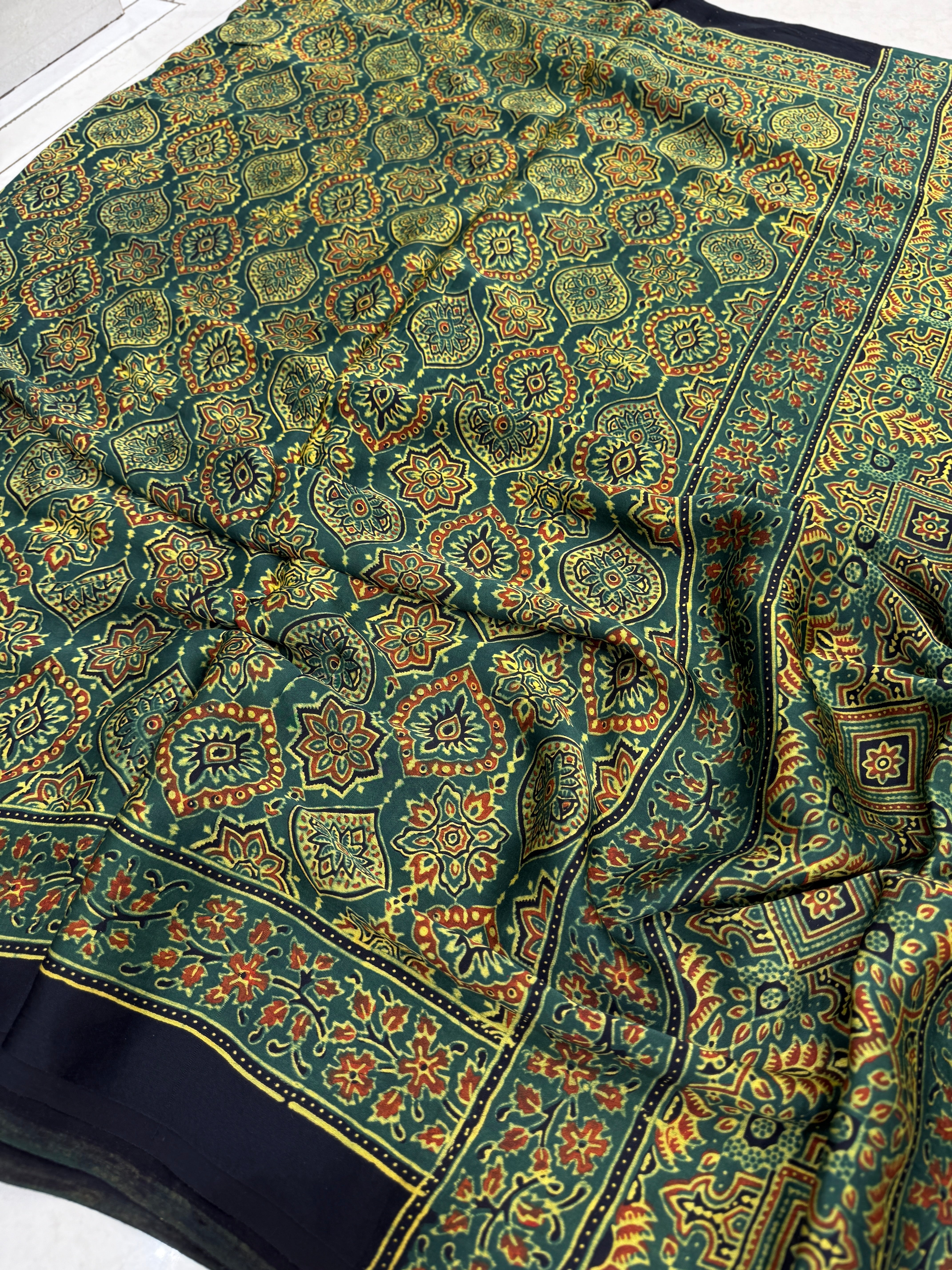 Green Badam Butti Ajrakh Hand Block Print Pure Gajji Silk Saree