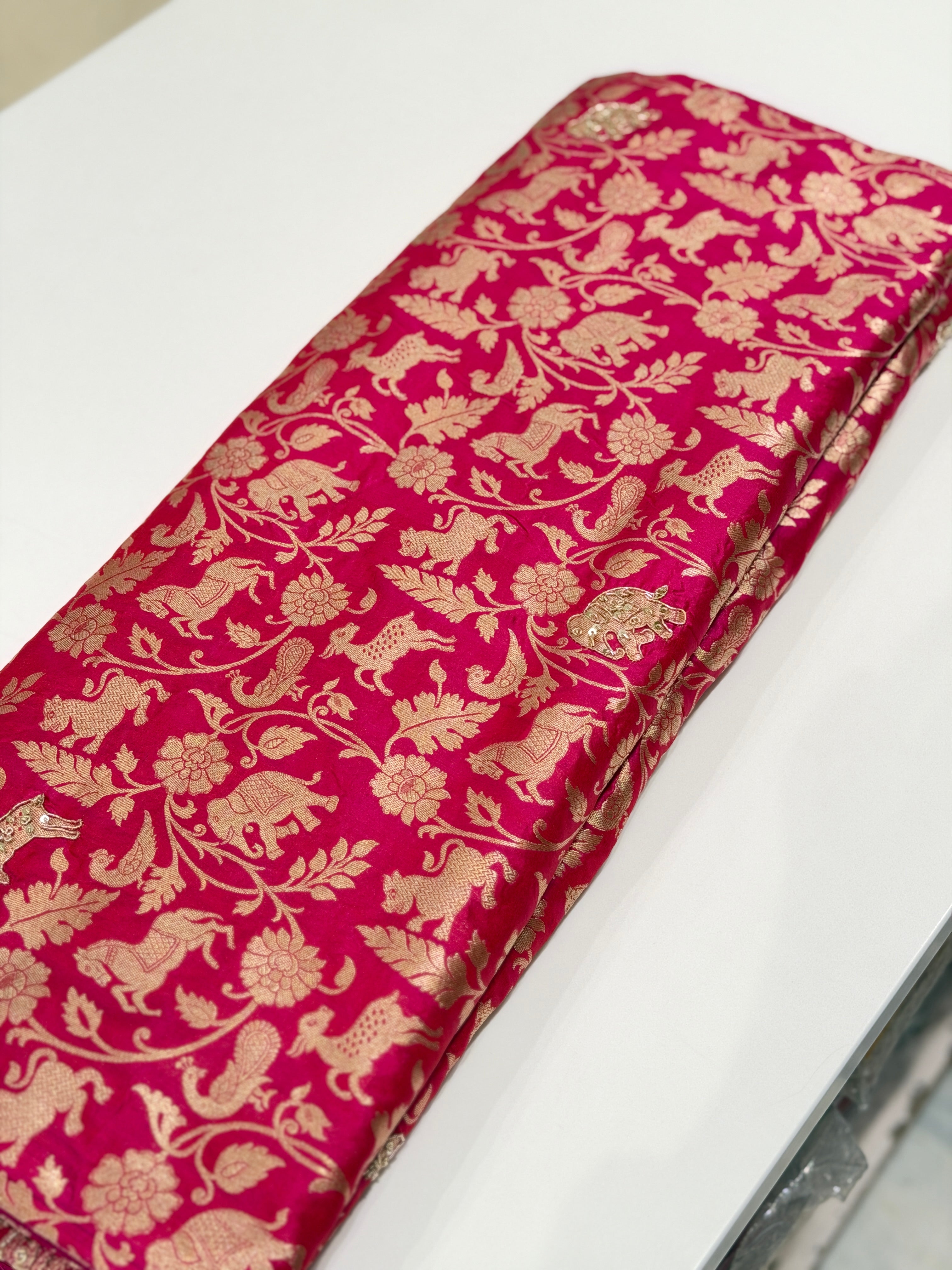 Rani Pink Banarasi Shikara Zardosi Hand Embroidery Saree