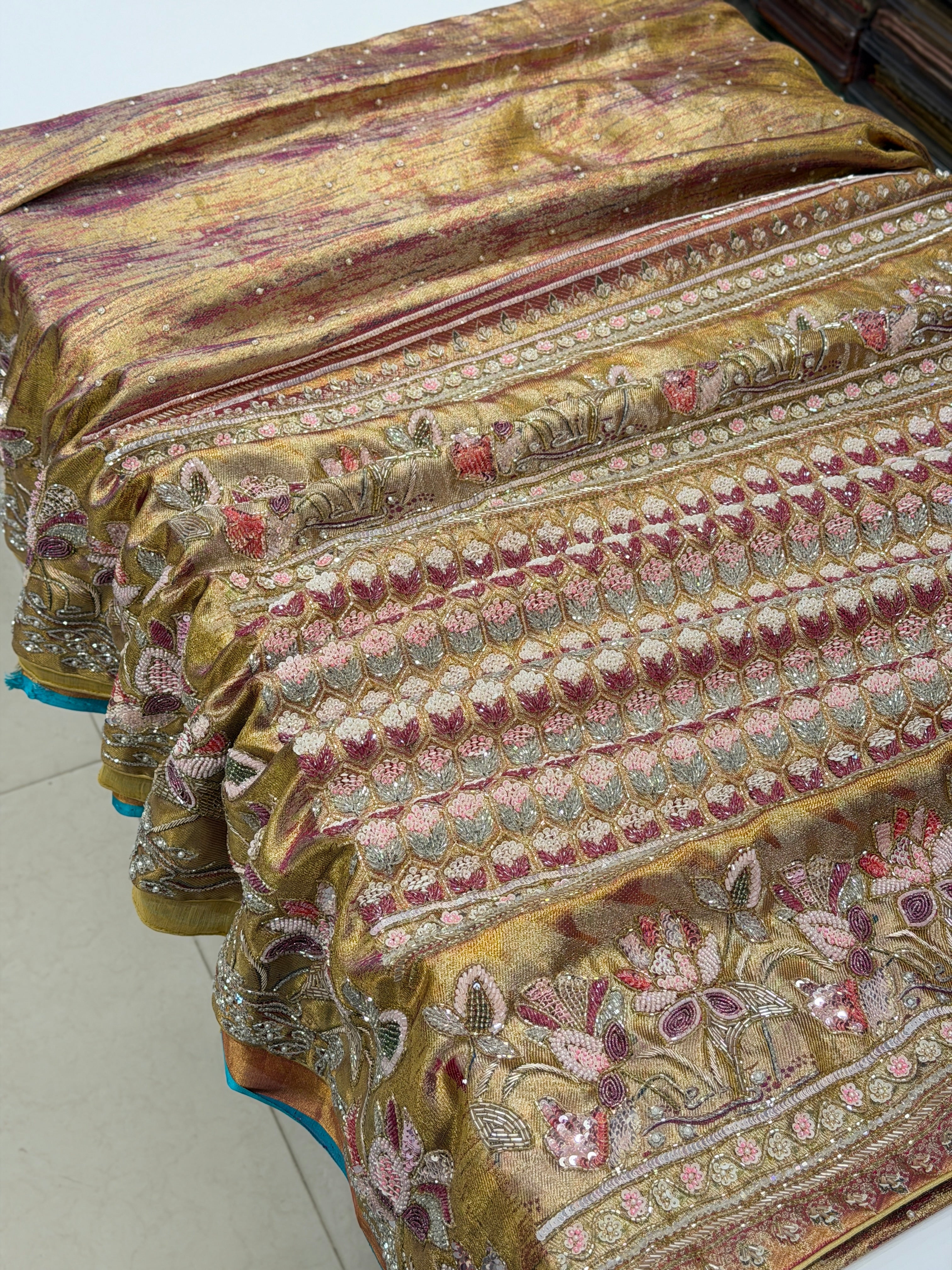 Contemporary Tissue Kanjivaram Moti Zardosi Hand Embroidery Saree