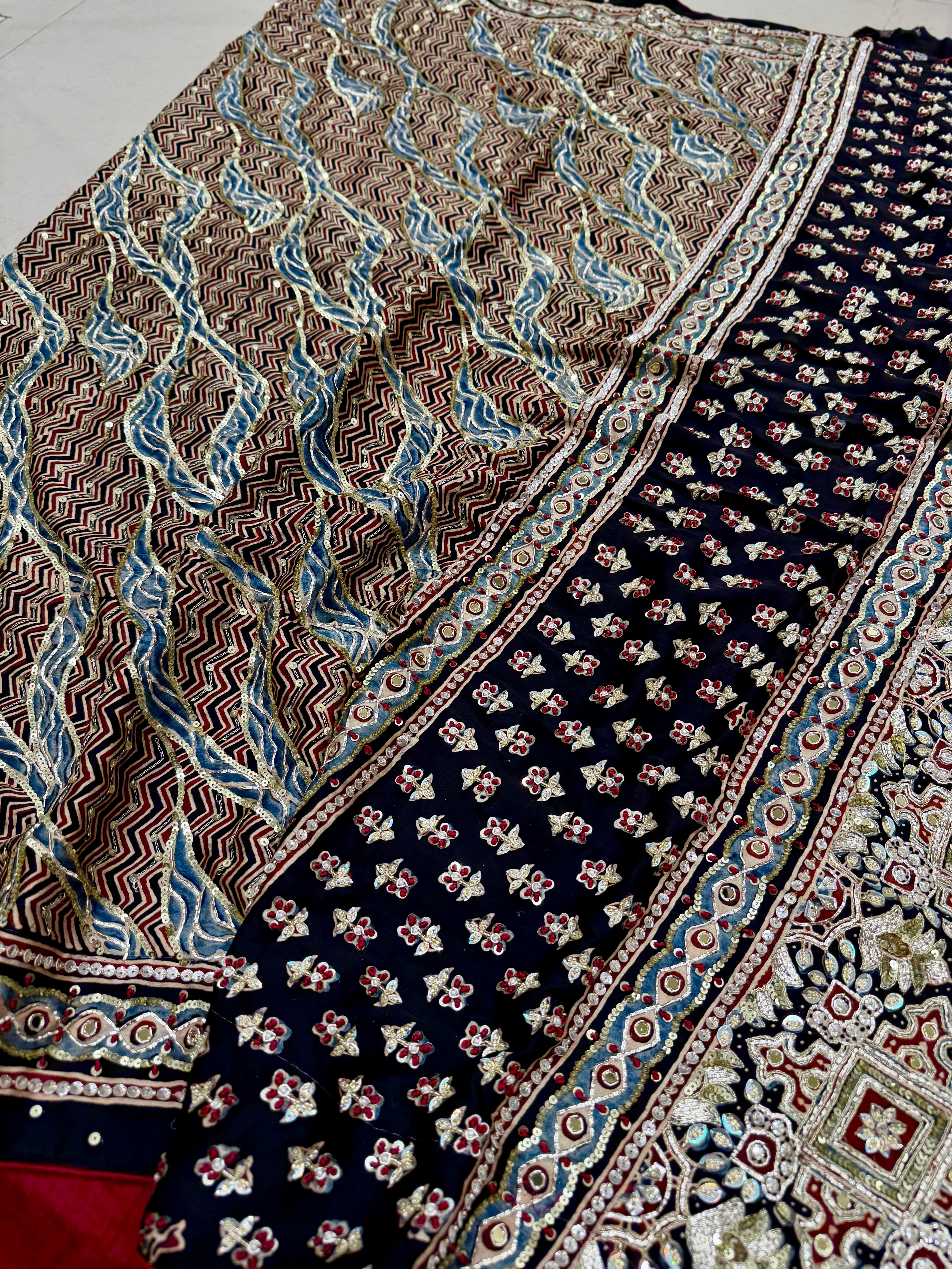 Black Abstract Jaal Pita Zardosi Sequin Ajrakh Hand Embroidery Saree