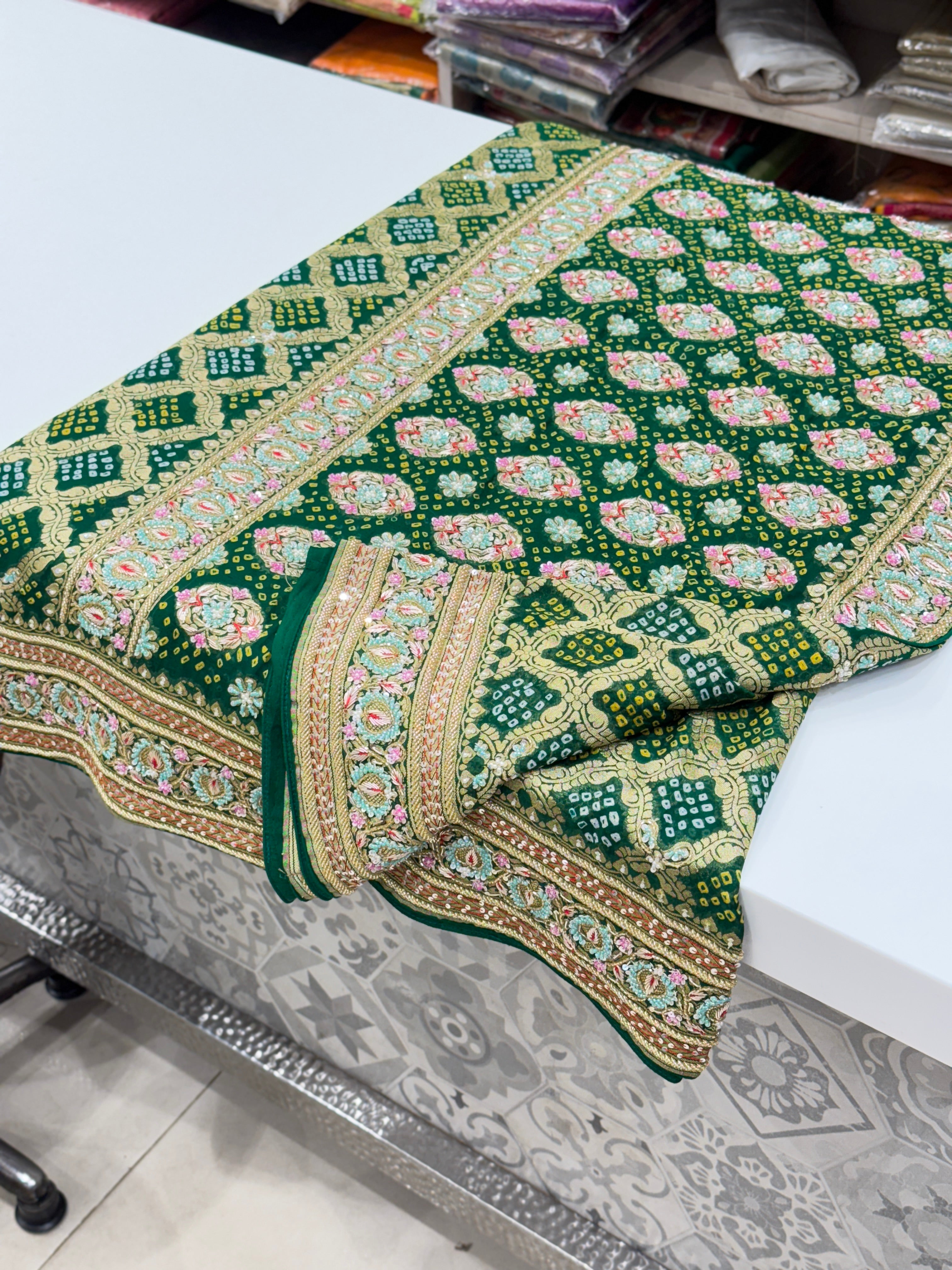 Bottle Green Bandhej Hand Embroidery Saree