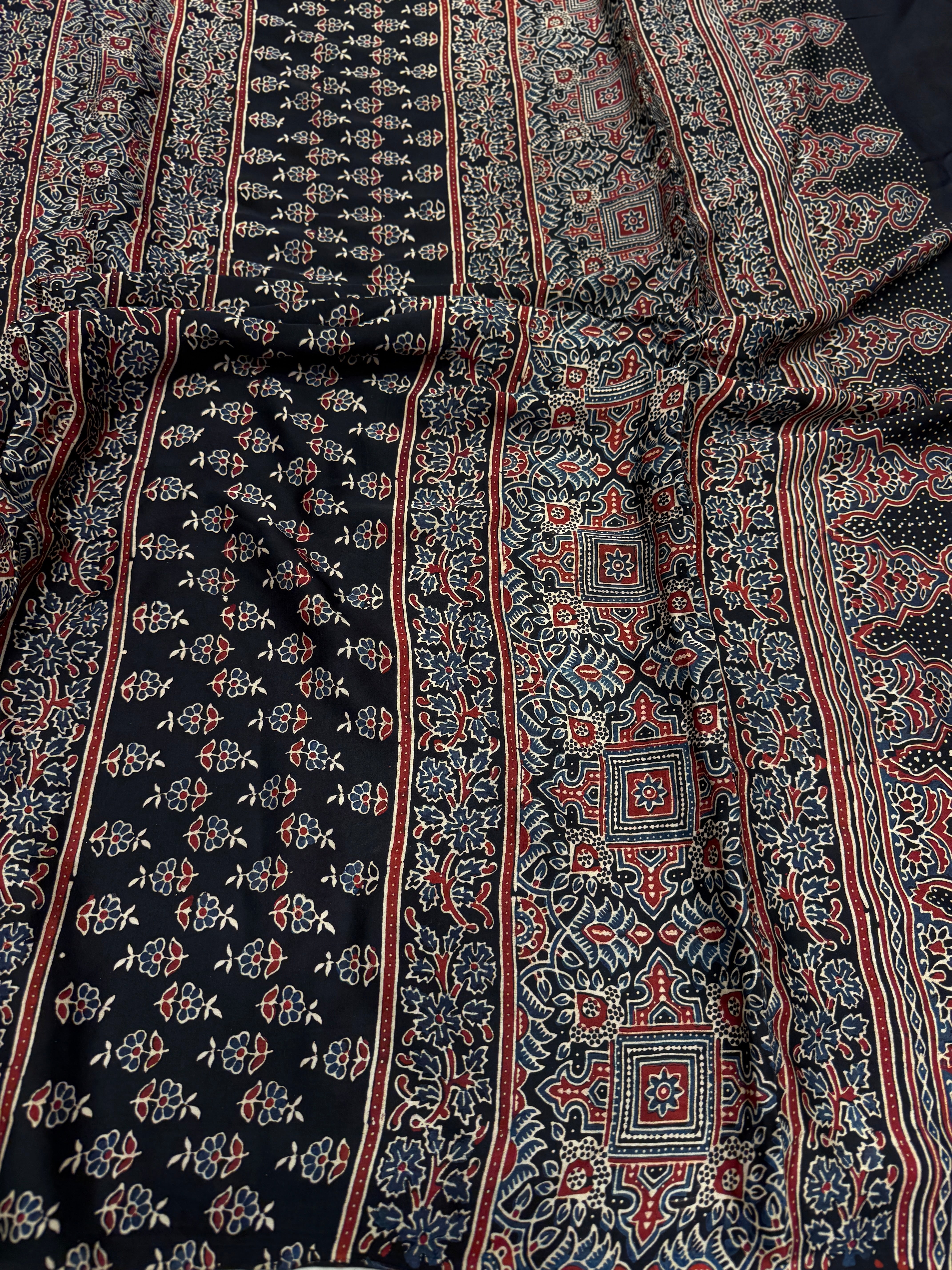Black Badam Jaal Ajrakh Block Print Hand Pure Gajji Silk Saree