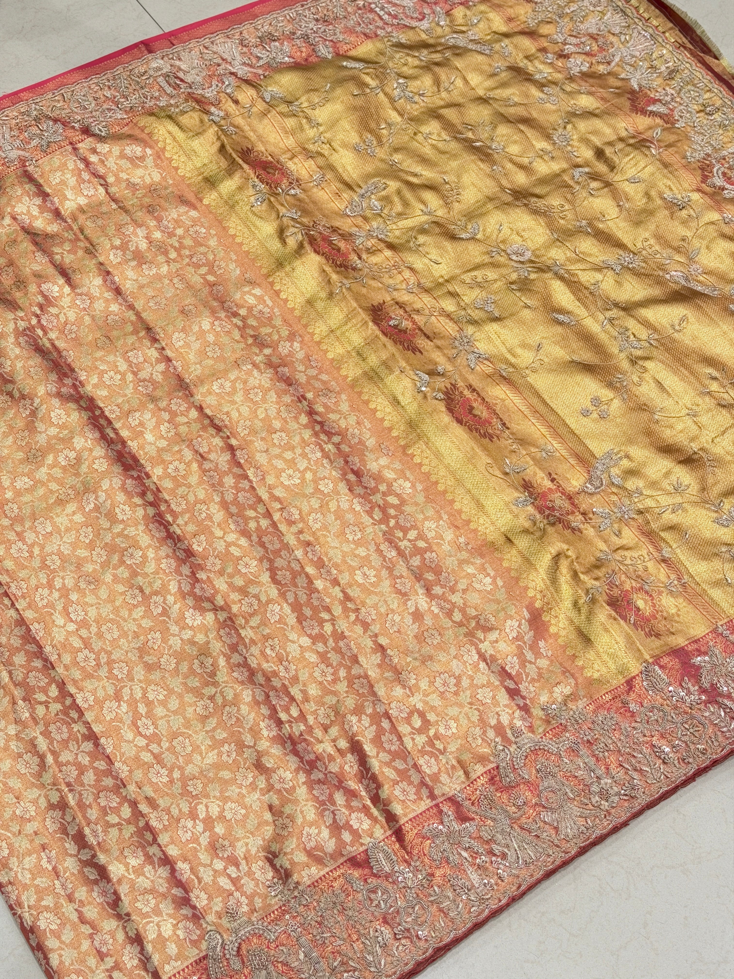 Rose Tissue Kanjivaram Zardosi Hand Embroidery Doli Edit Saree