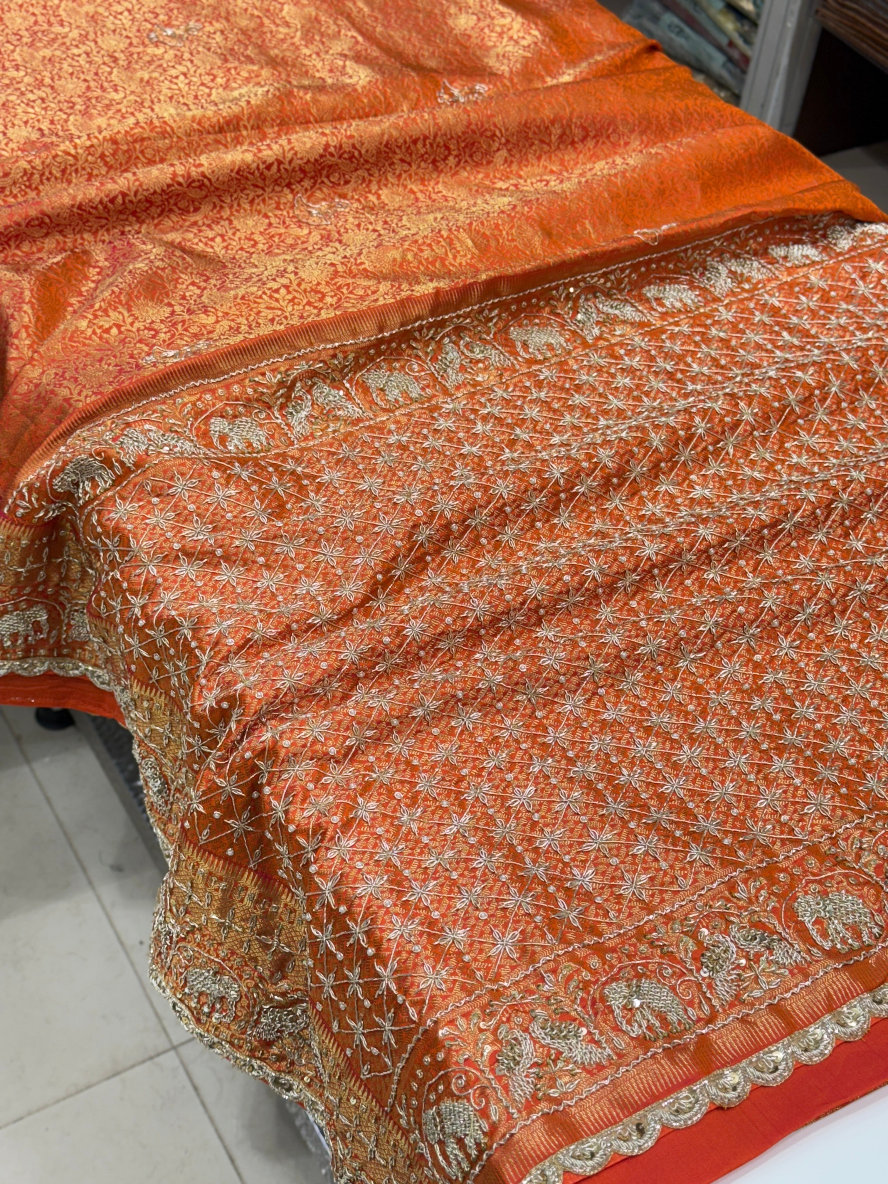 Orange Kanjivaram Peacock Motif Zardozi Hand Embroidery Saree