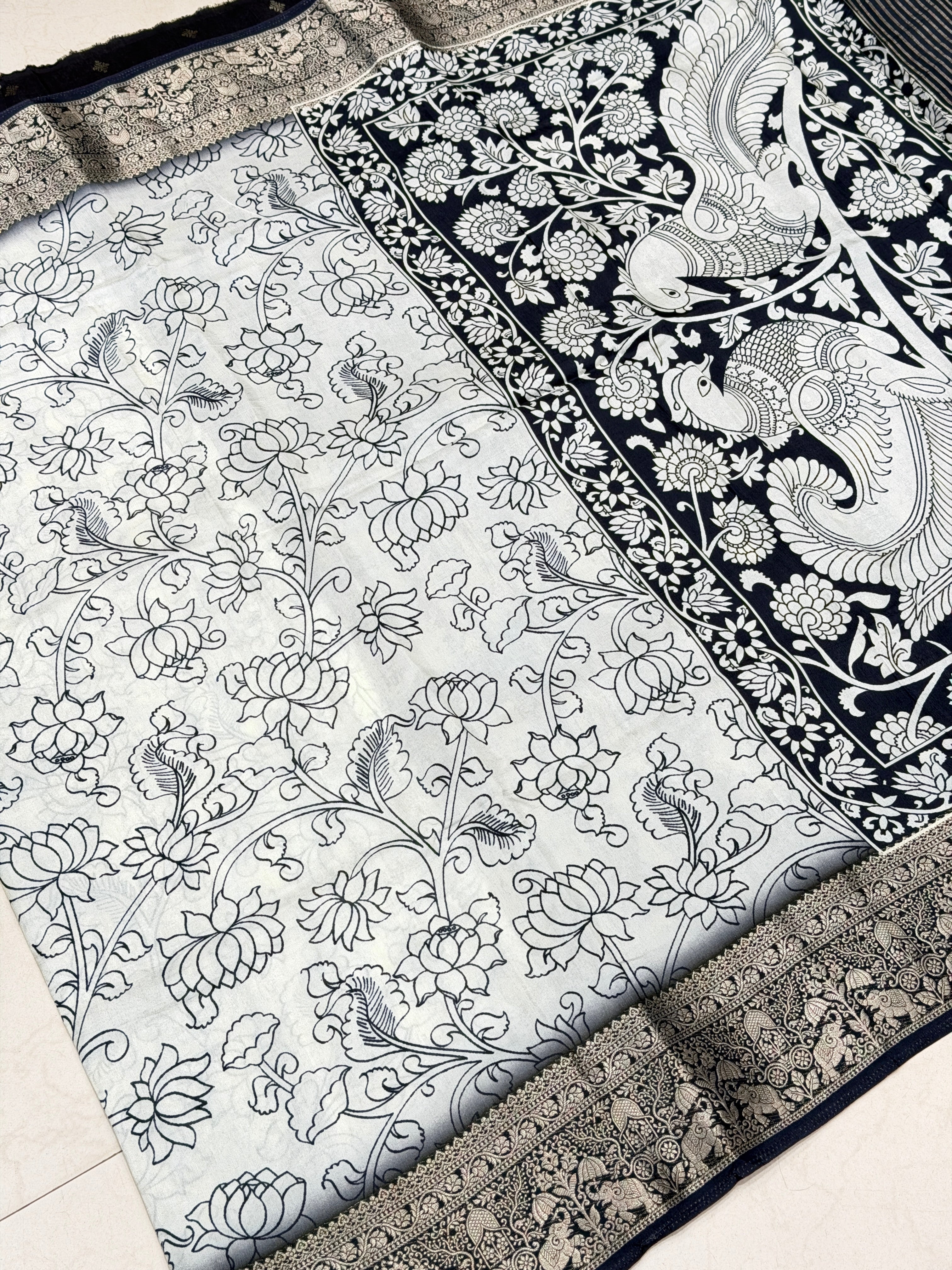 White and Black Printed Kalamkari Munga Silk Saree