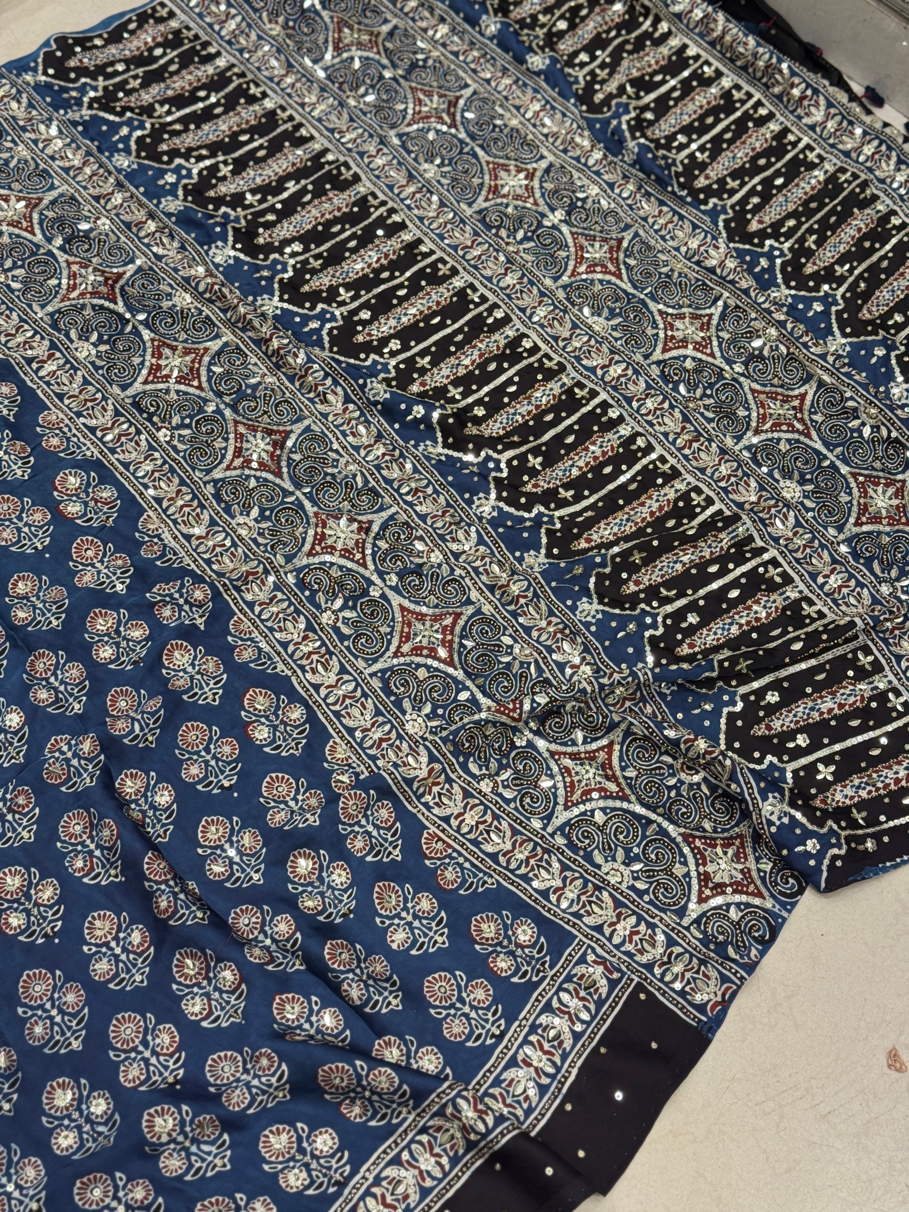 Blue Teen Buttis Ajrakh Hand Embroidery Saree