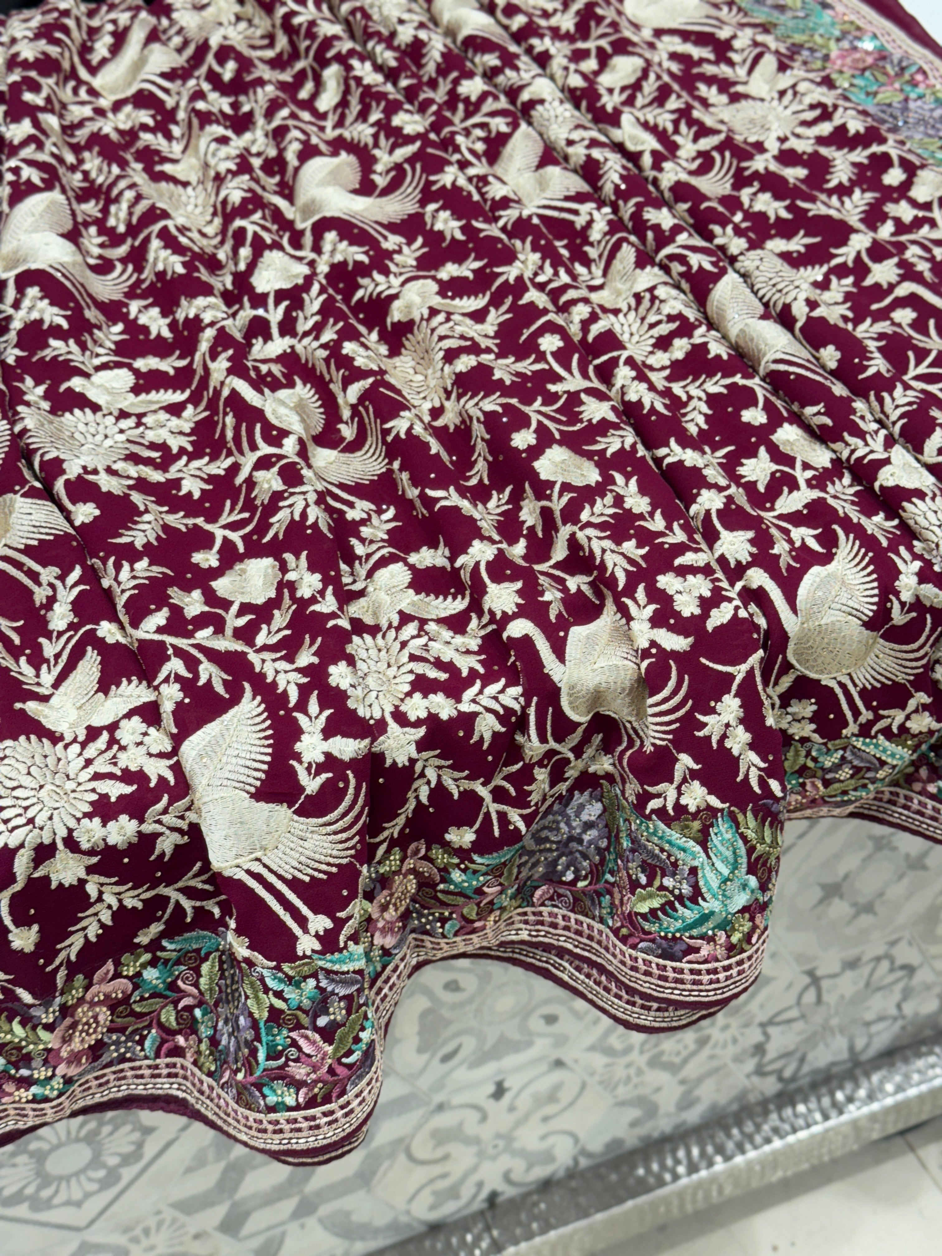 Wine Parsi Gara Saree with Stone Work Resham Embroidery