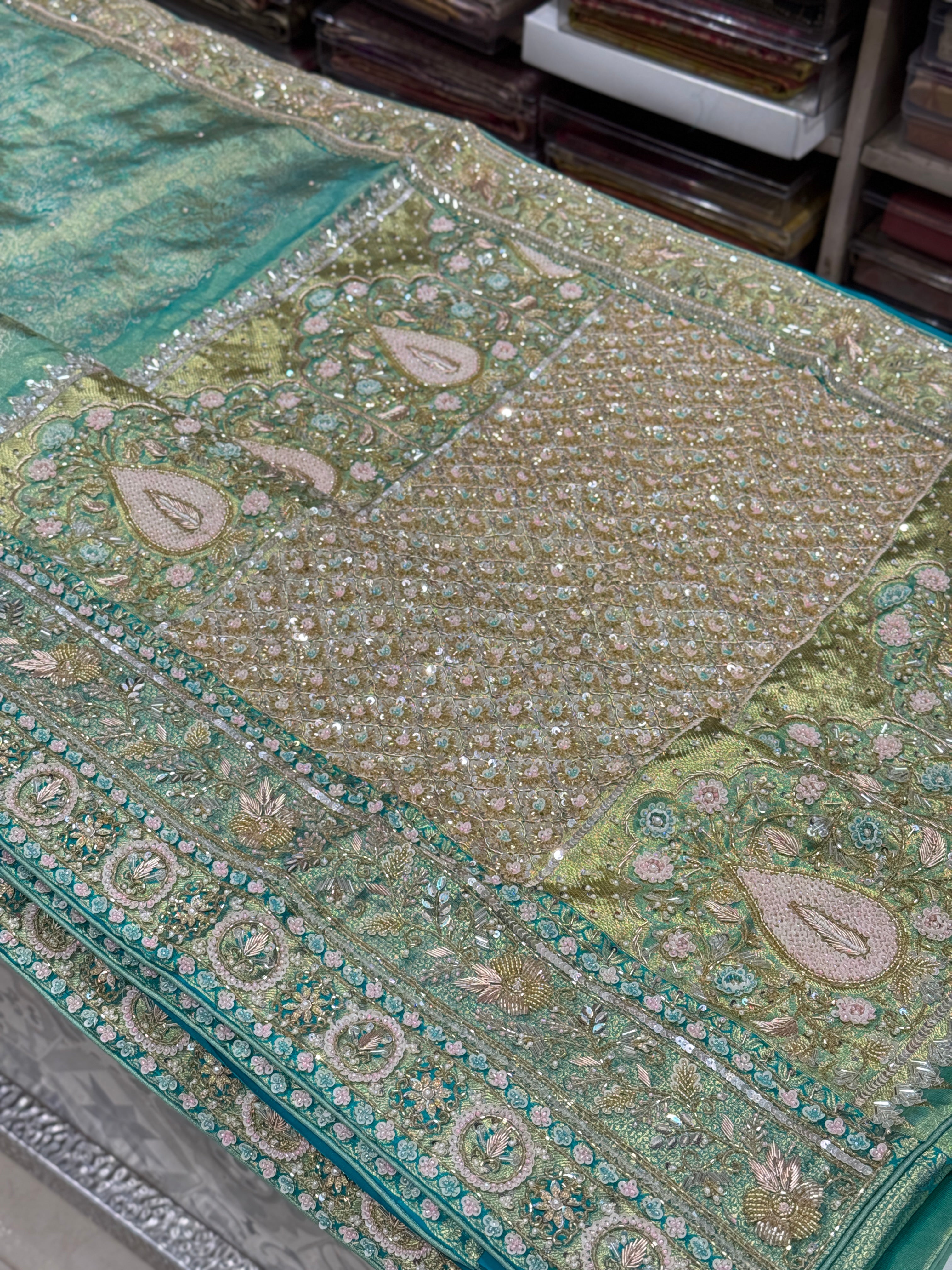 Pista Green Tissue Kanjivaram Hand Embroidery Saree