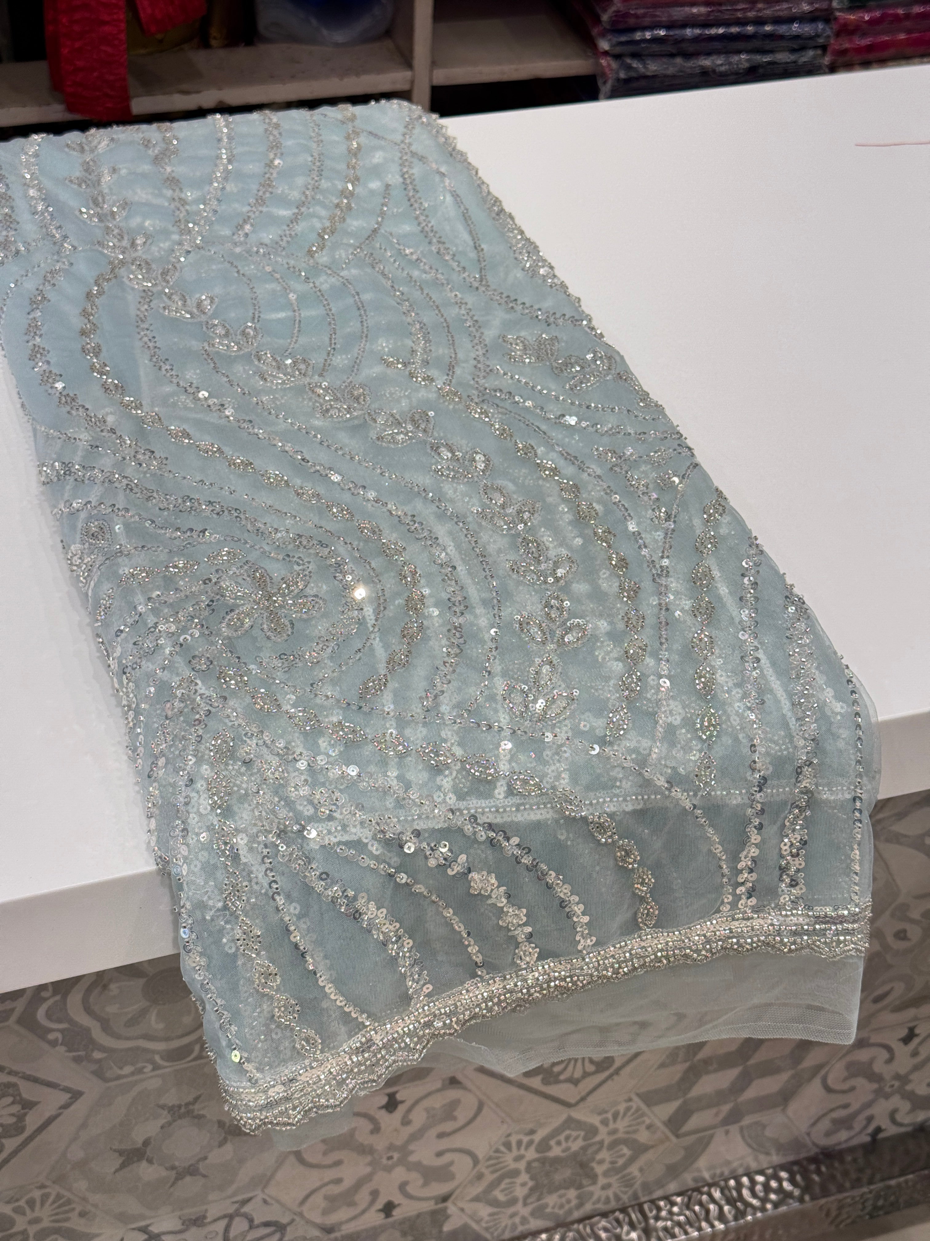 Light Blue Soft Net Sequin Moti Embroidery Saree
