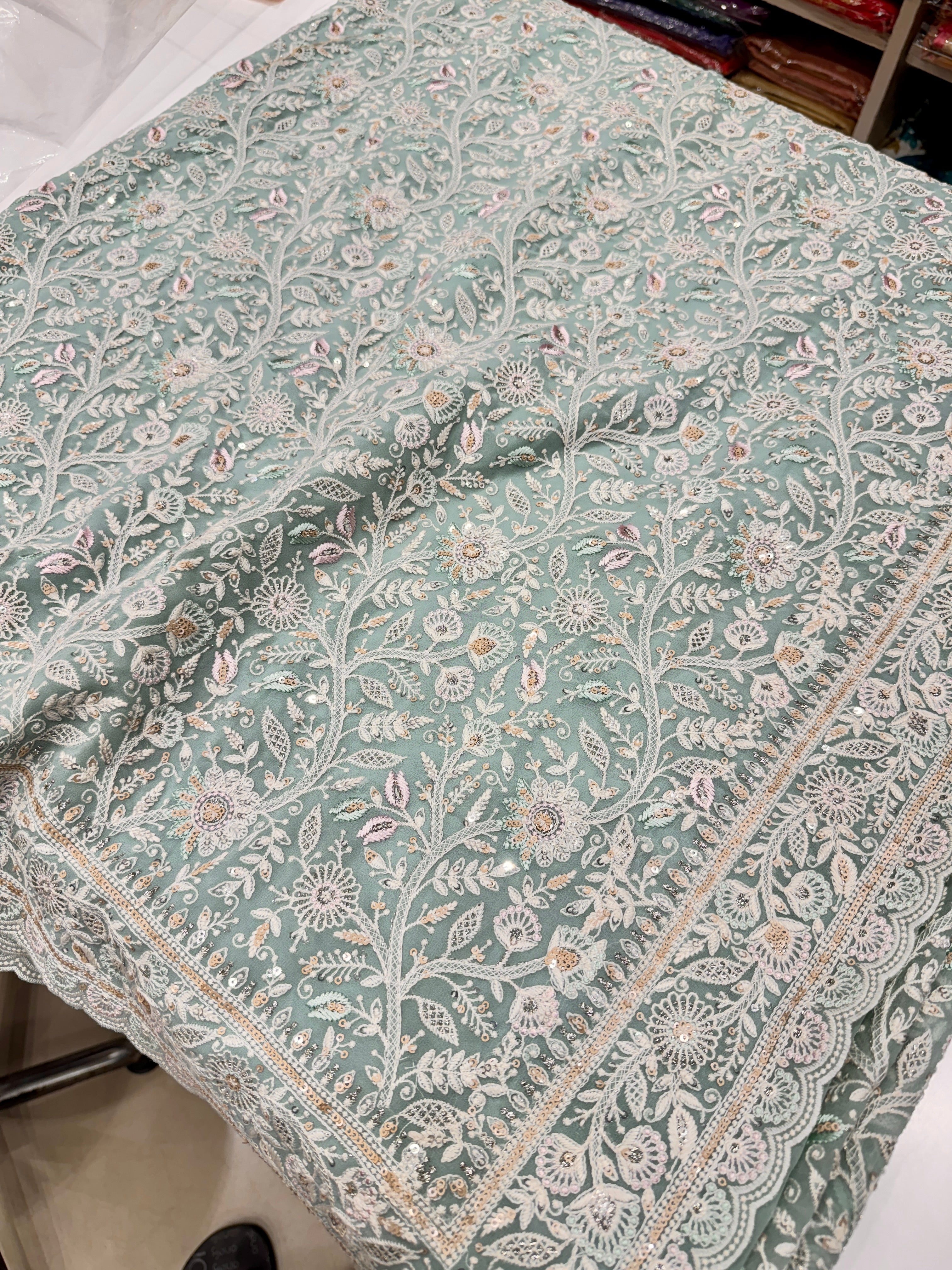 Sea Green Meenakari Chikankari Scallop Design Saree