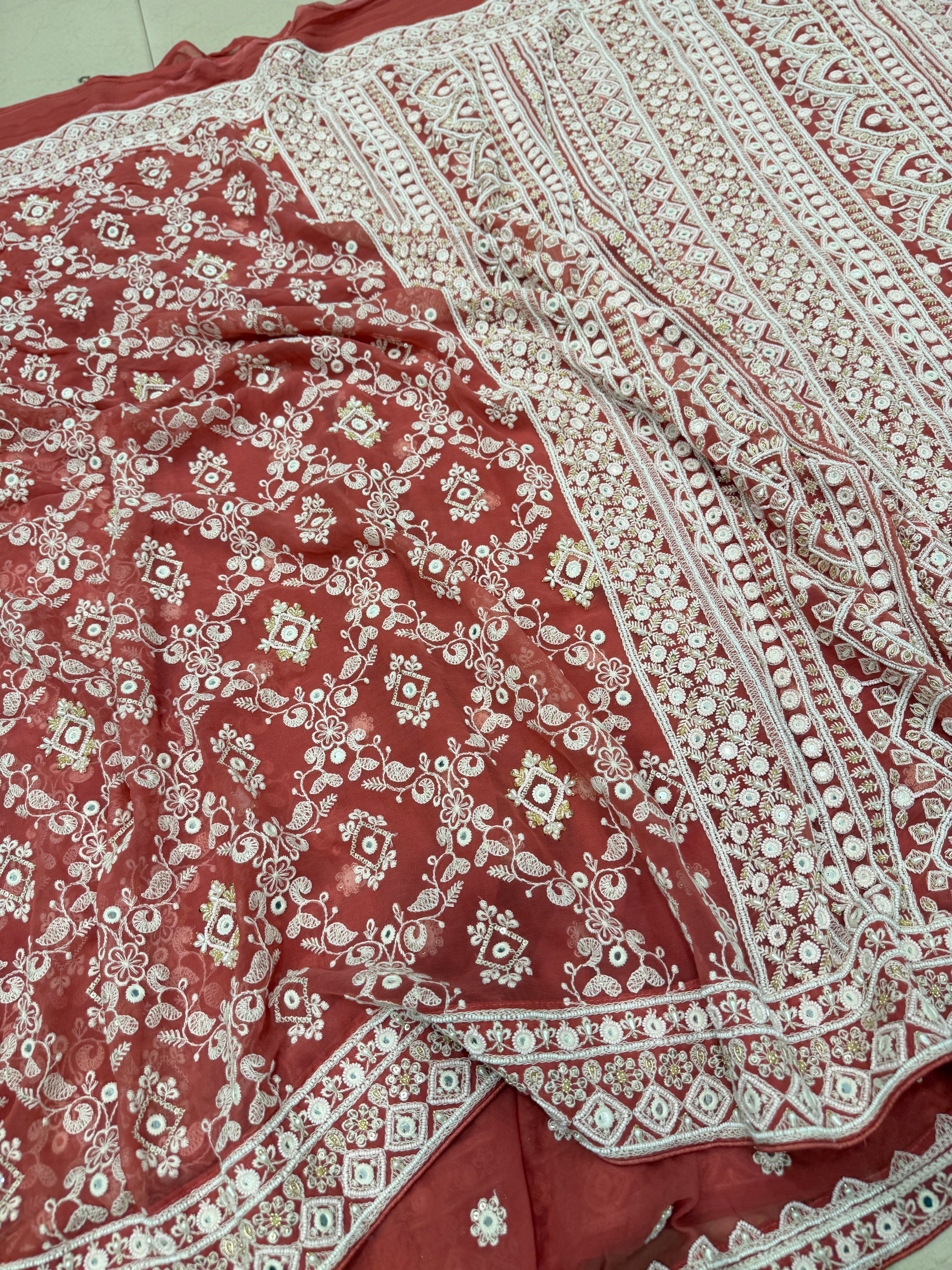 Brick Red Chikankari Georgette Hand Embroidery Moti and Zardosi Saree