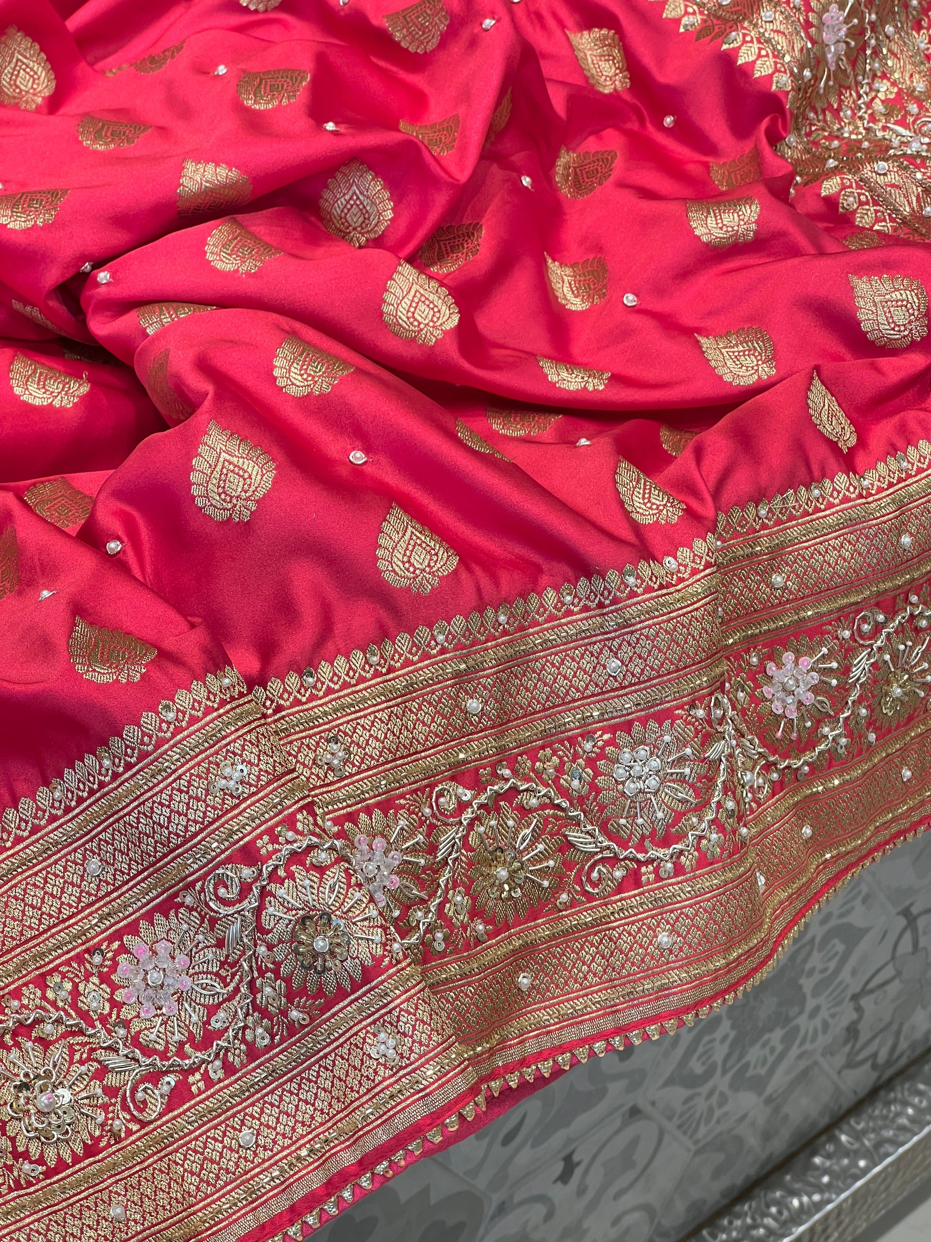 Strawberry Banarasi Silk Butti Hand Embroidery Saree