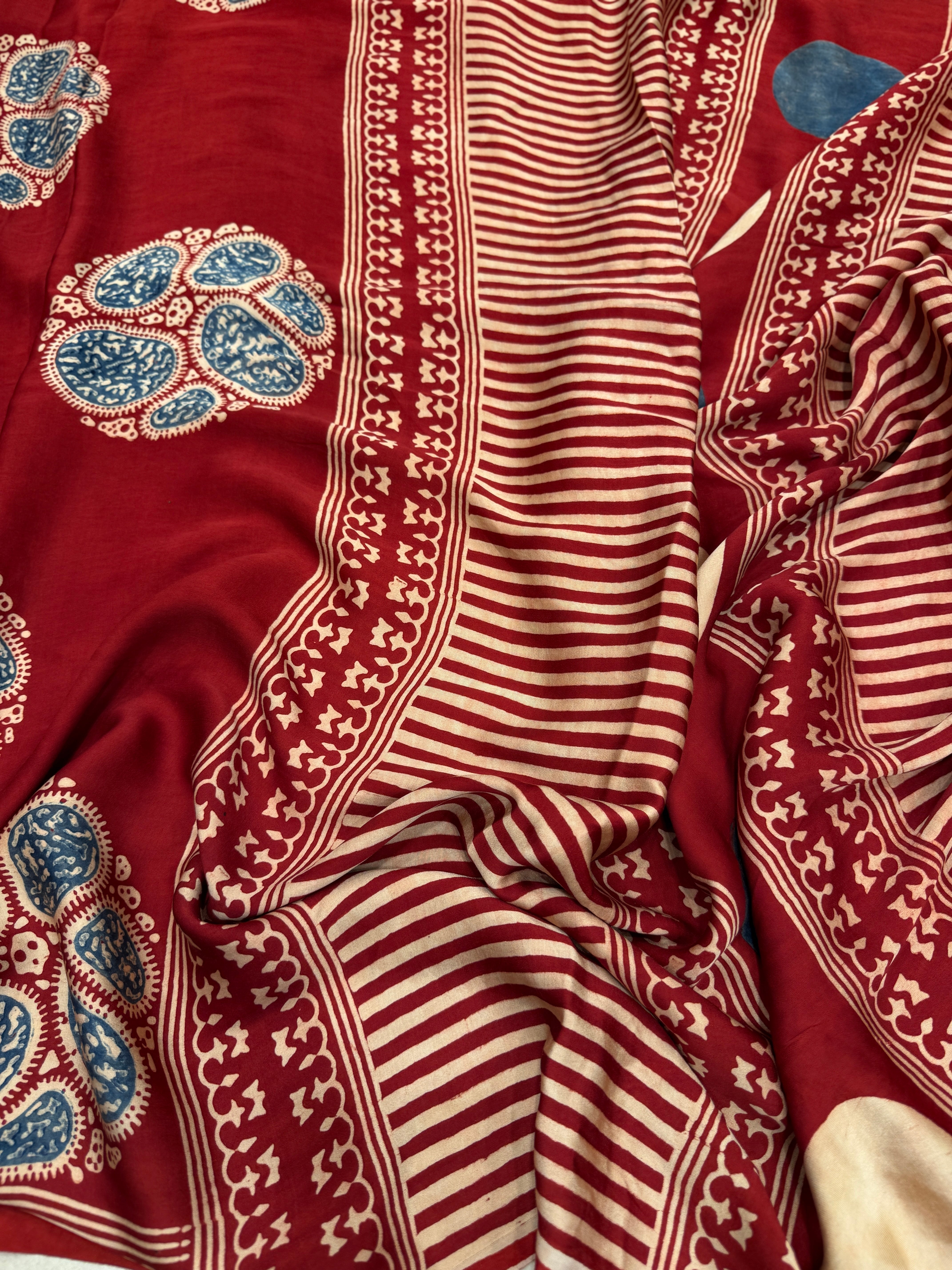 Red Ajrakh Blue Butta Hand Block Print Pure Gajji Silk Saree