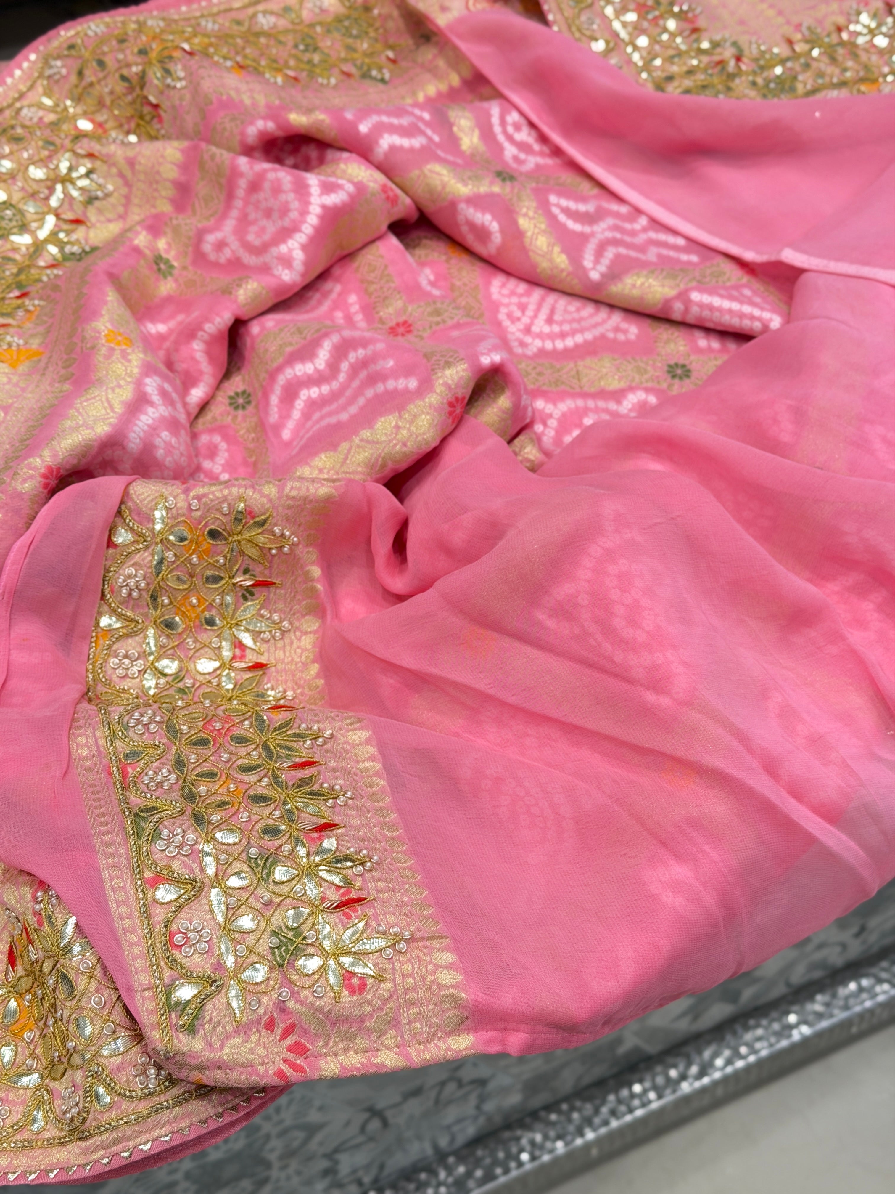 Pink Gharchola Gotapatti Marodi Hand Embroidery Georgette Saree