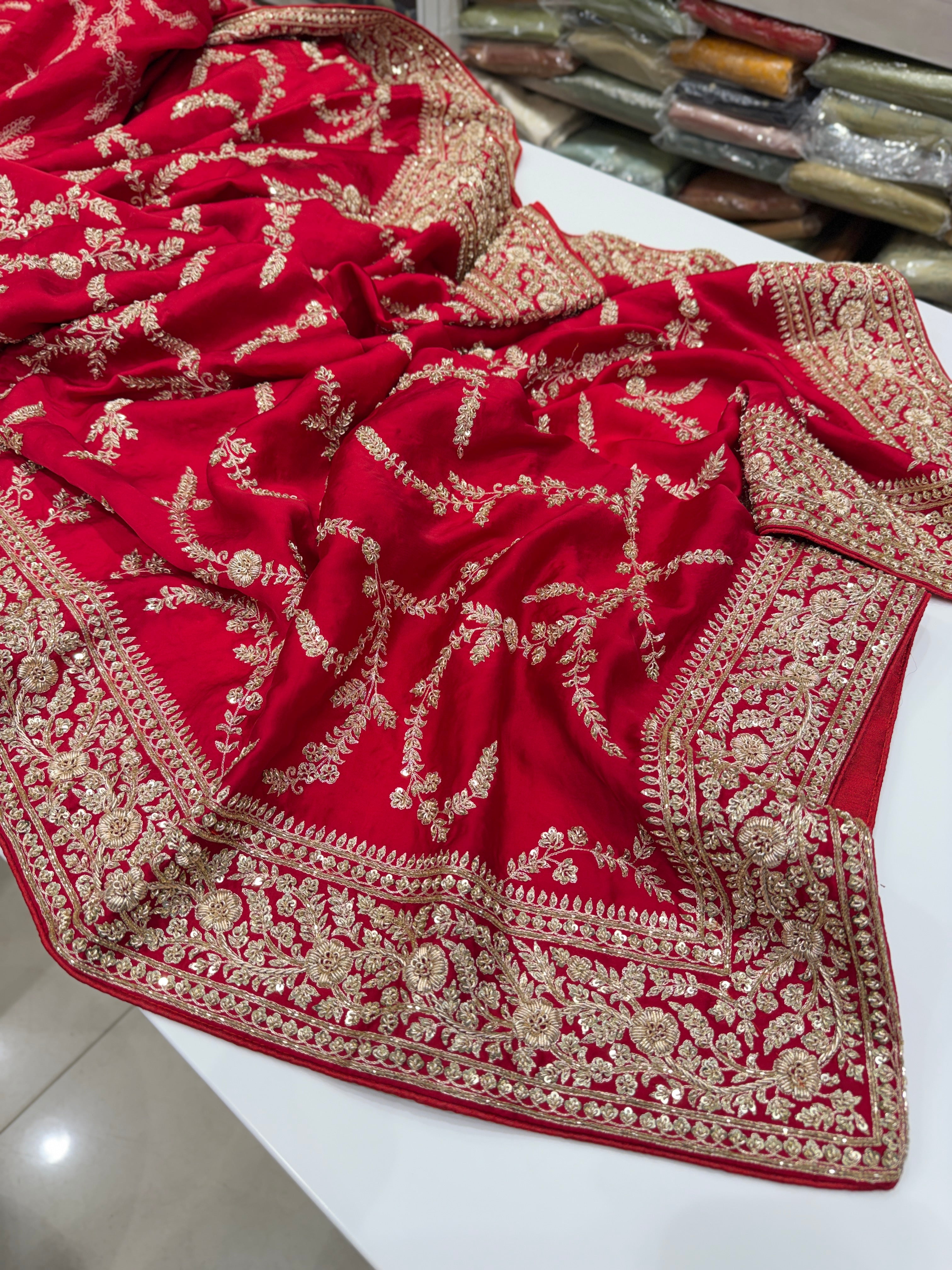 Red Pure Satin Silk Zardosi Hand Embroidery Jaal Saree