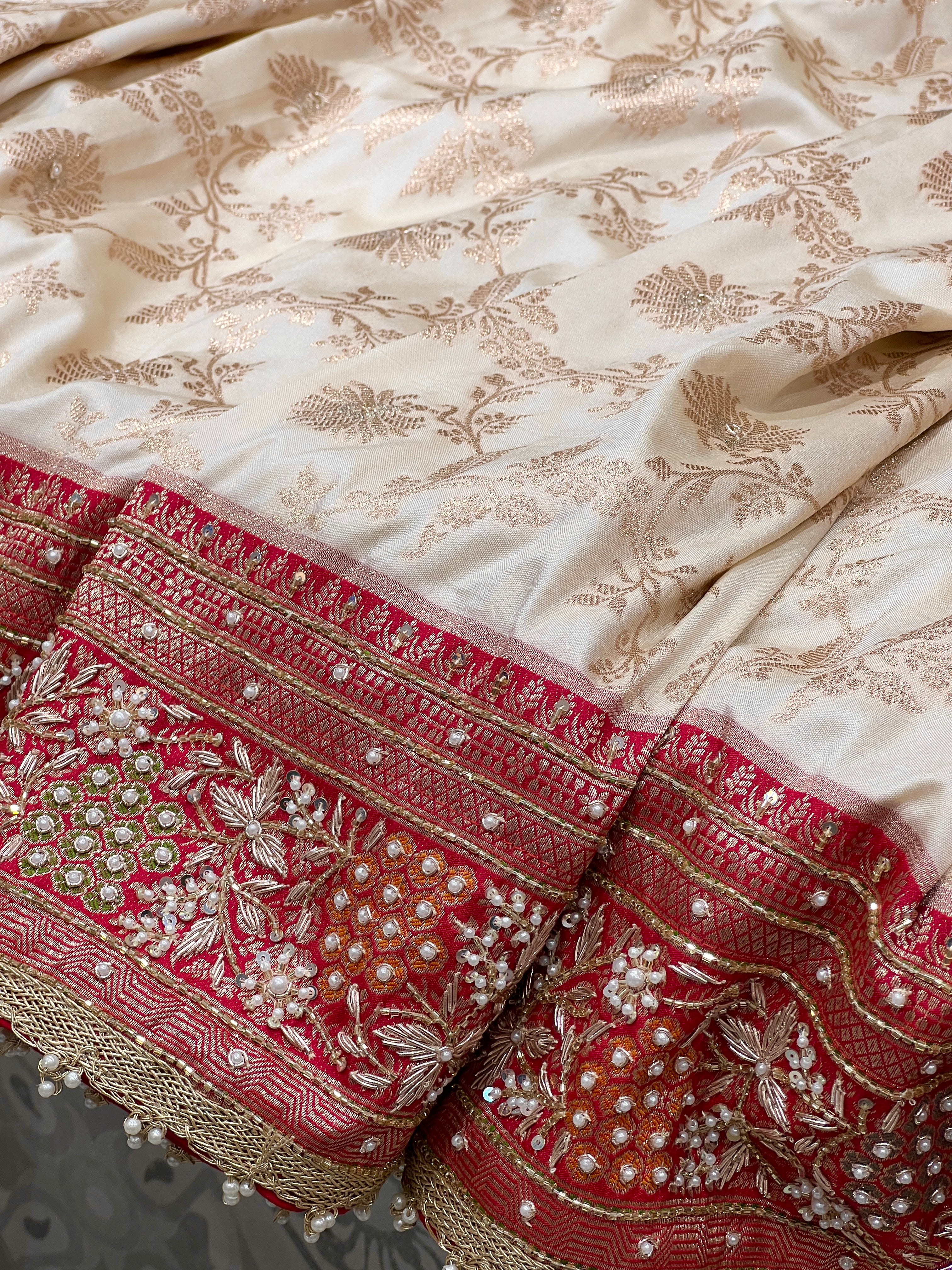 Beige Banarasi Red Meena Border Hand Embroidery Saree