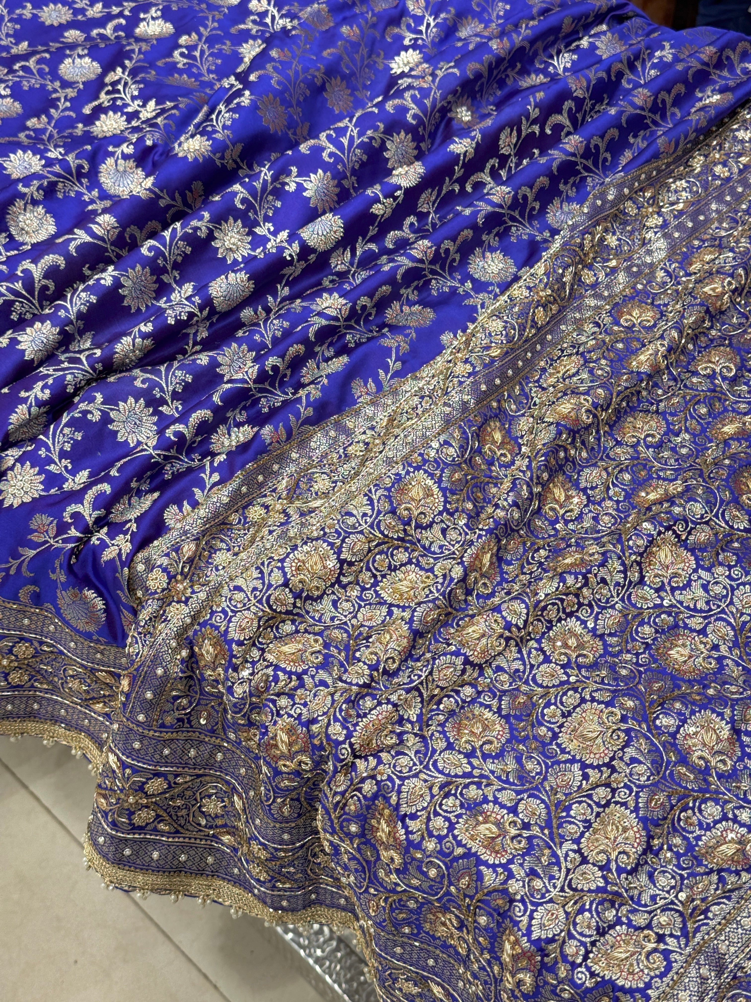 Blueish Purple Banarasi Silk Dhup Chav Hand Embroidery Zardosi Saree