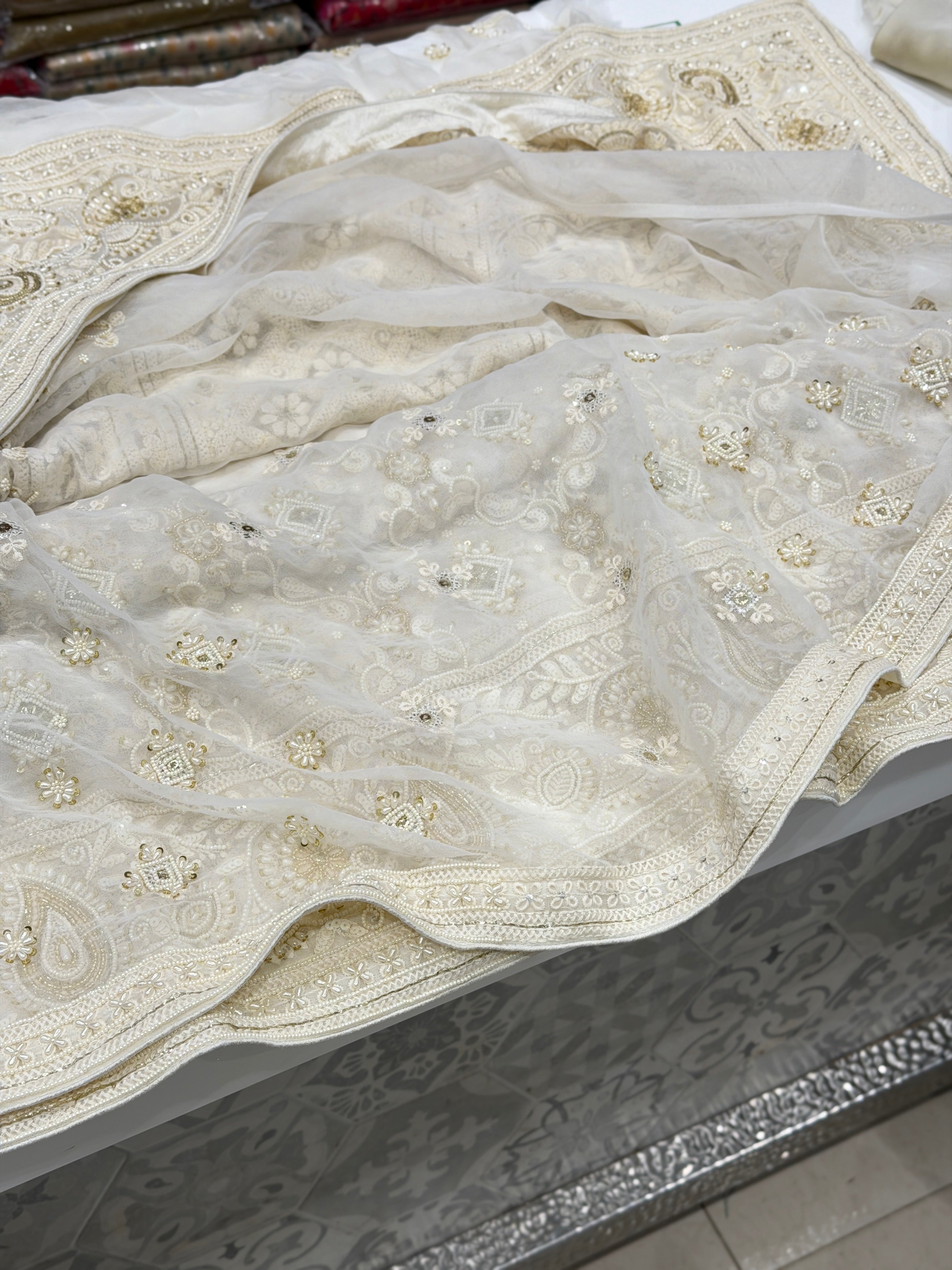 Moti White Georgette Chikankari Moti Sequin Hand Embroidery Saree