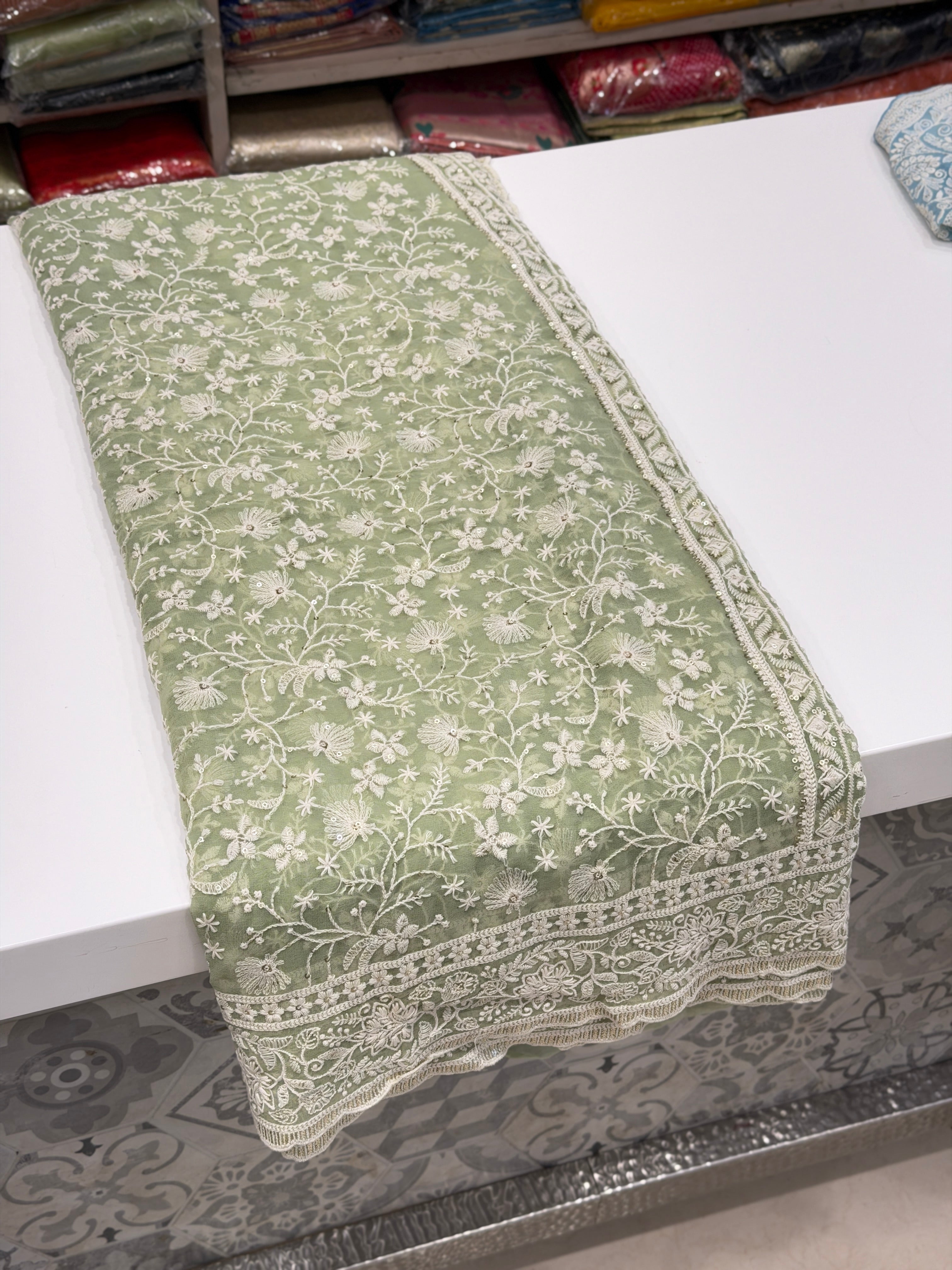 Pista Green Chikankari Georgette Jaal Saree