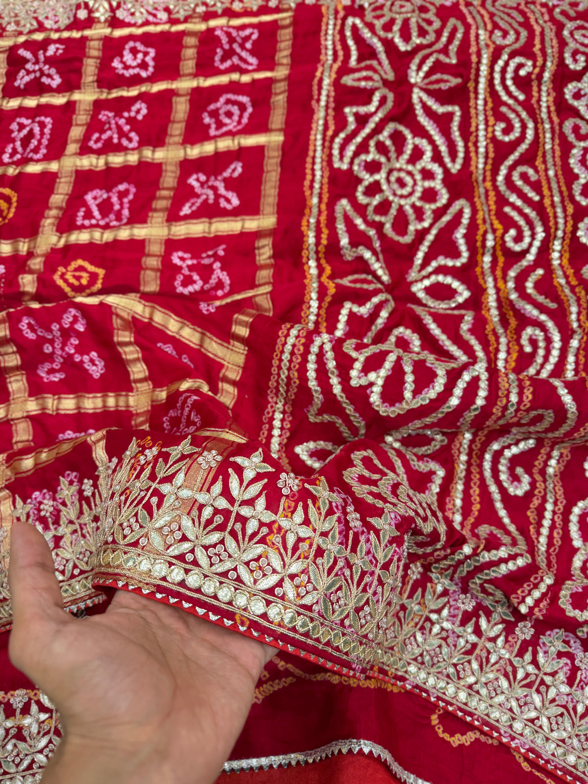 Red Bandhej Gharchola Marodi Gotapatti Hand Embroidery Saree
