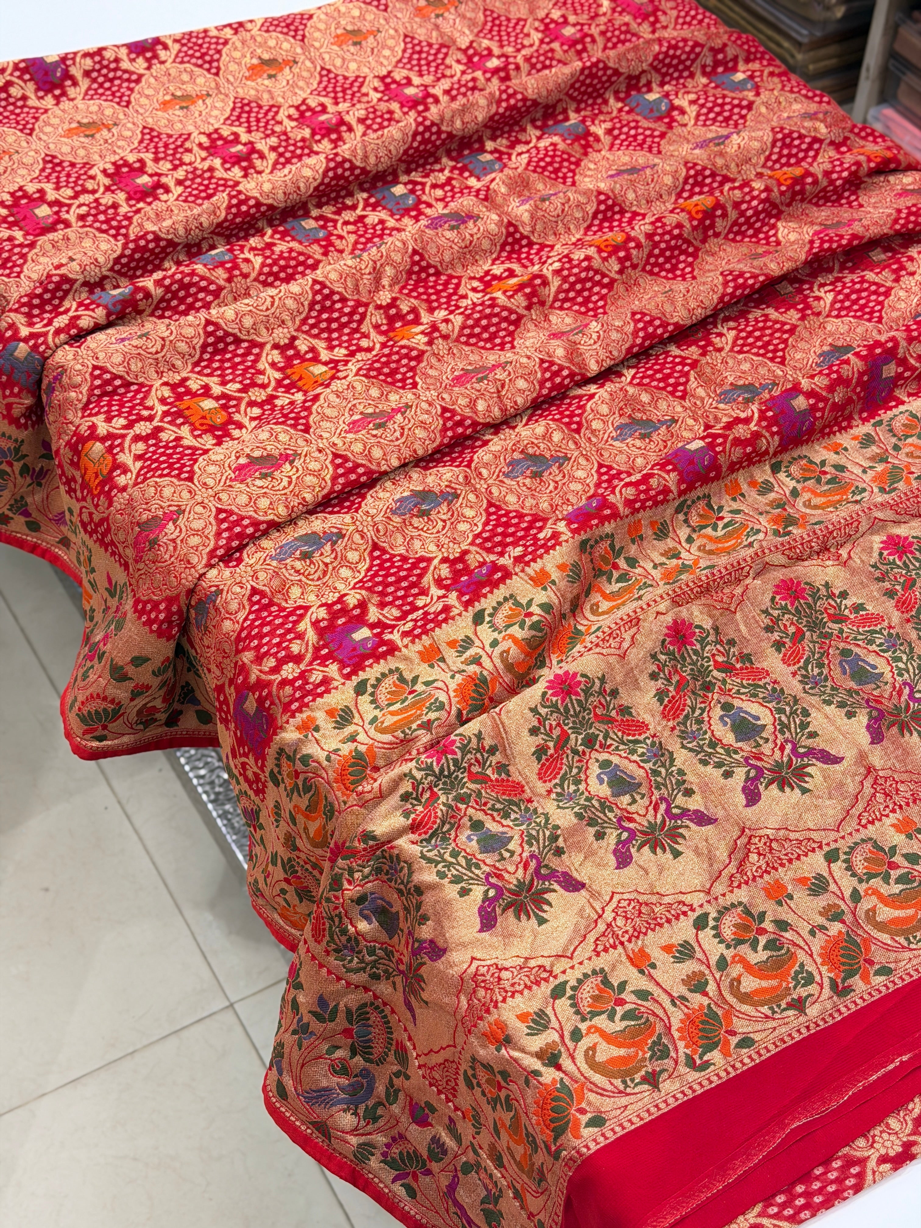 Red Woven Bandhej Meenakari Peacock Parrot Motif Saree