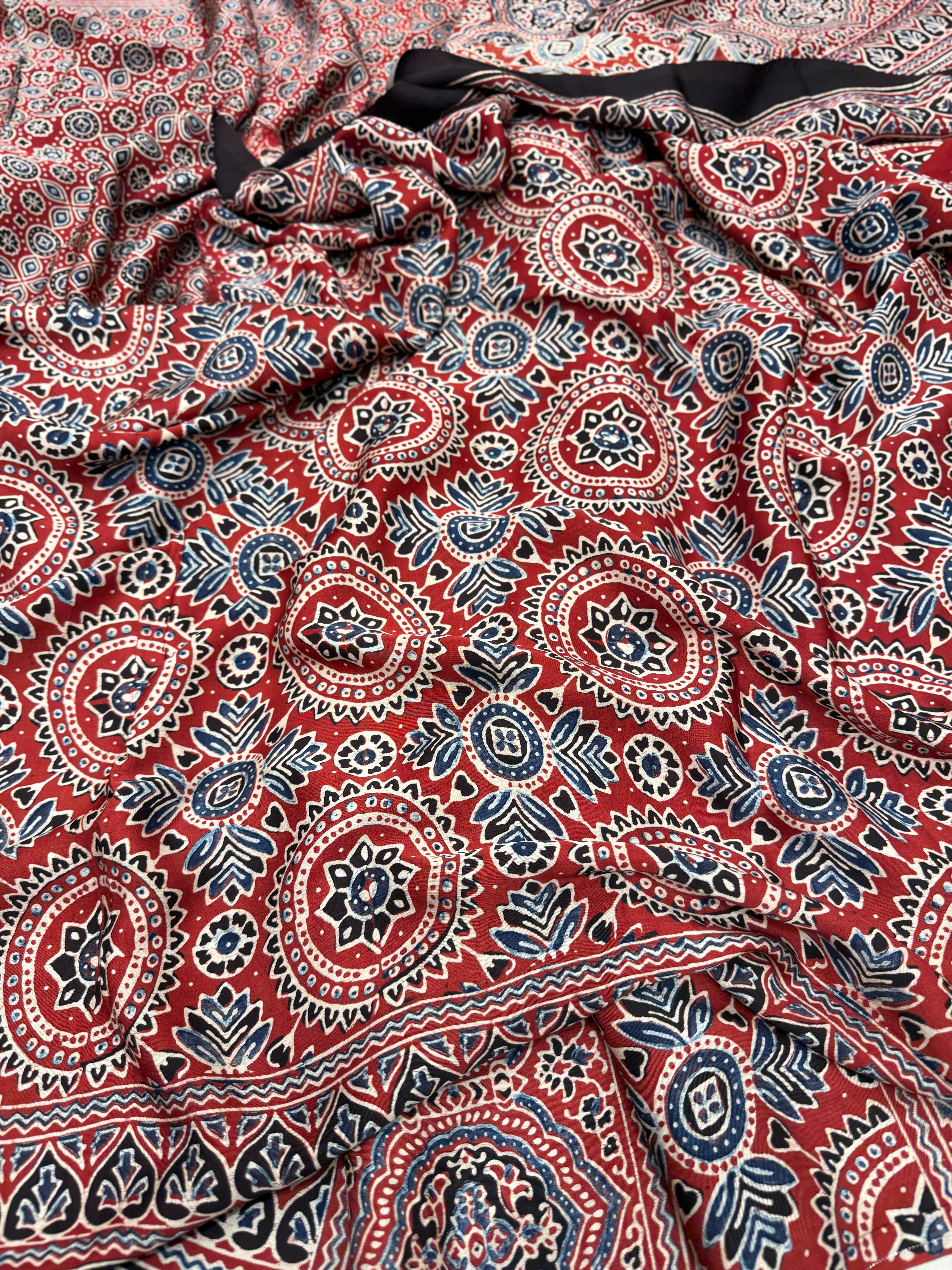 Red Crown Buttis Jaal Ajrakh Modal Gajji Silk Saree