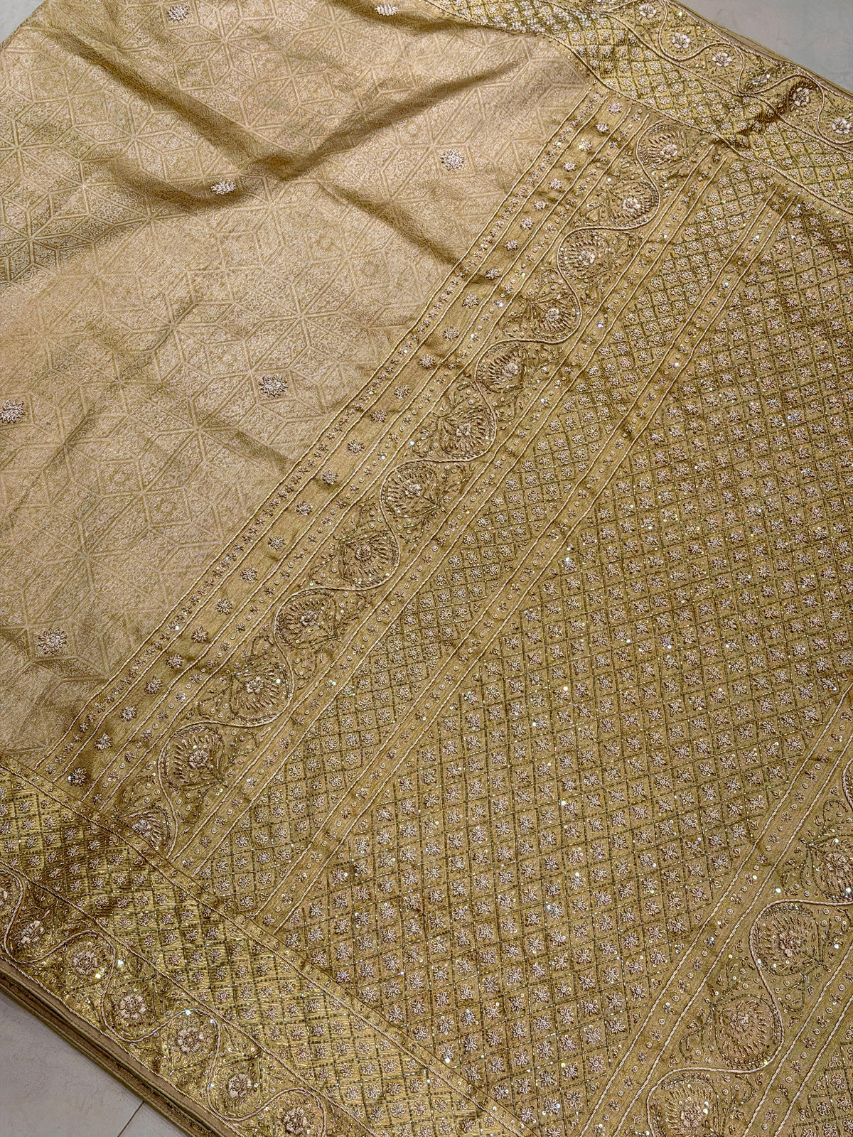 Light Golden Floral Kanjivaram Zardosi Hand Embroidery Saree