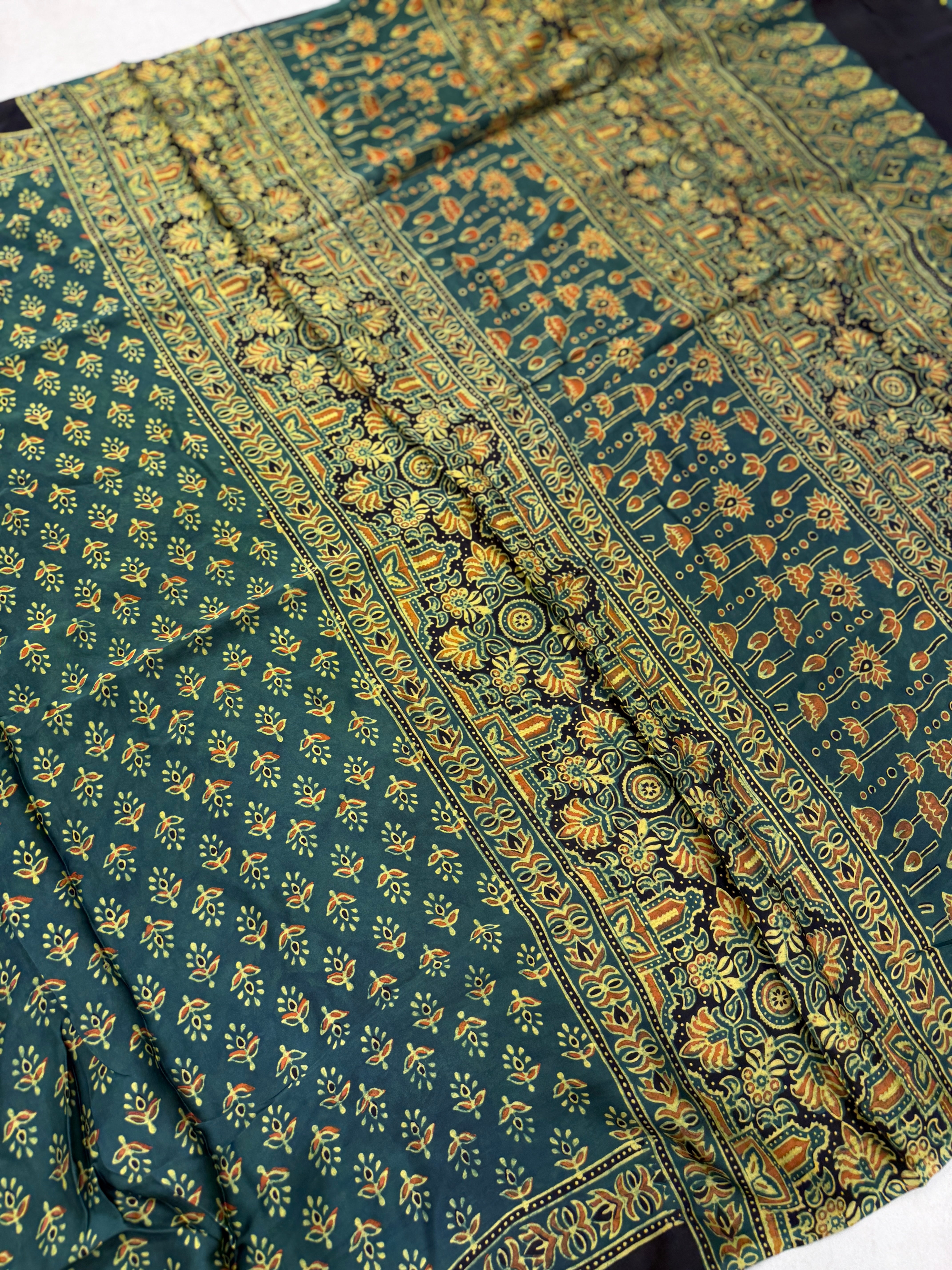 Green Buttis Ajrakh Hand Block Print Pure Gajji Silk Saree