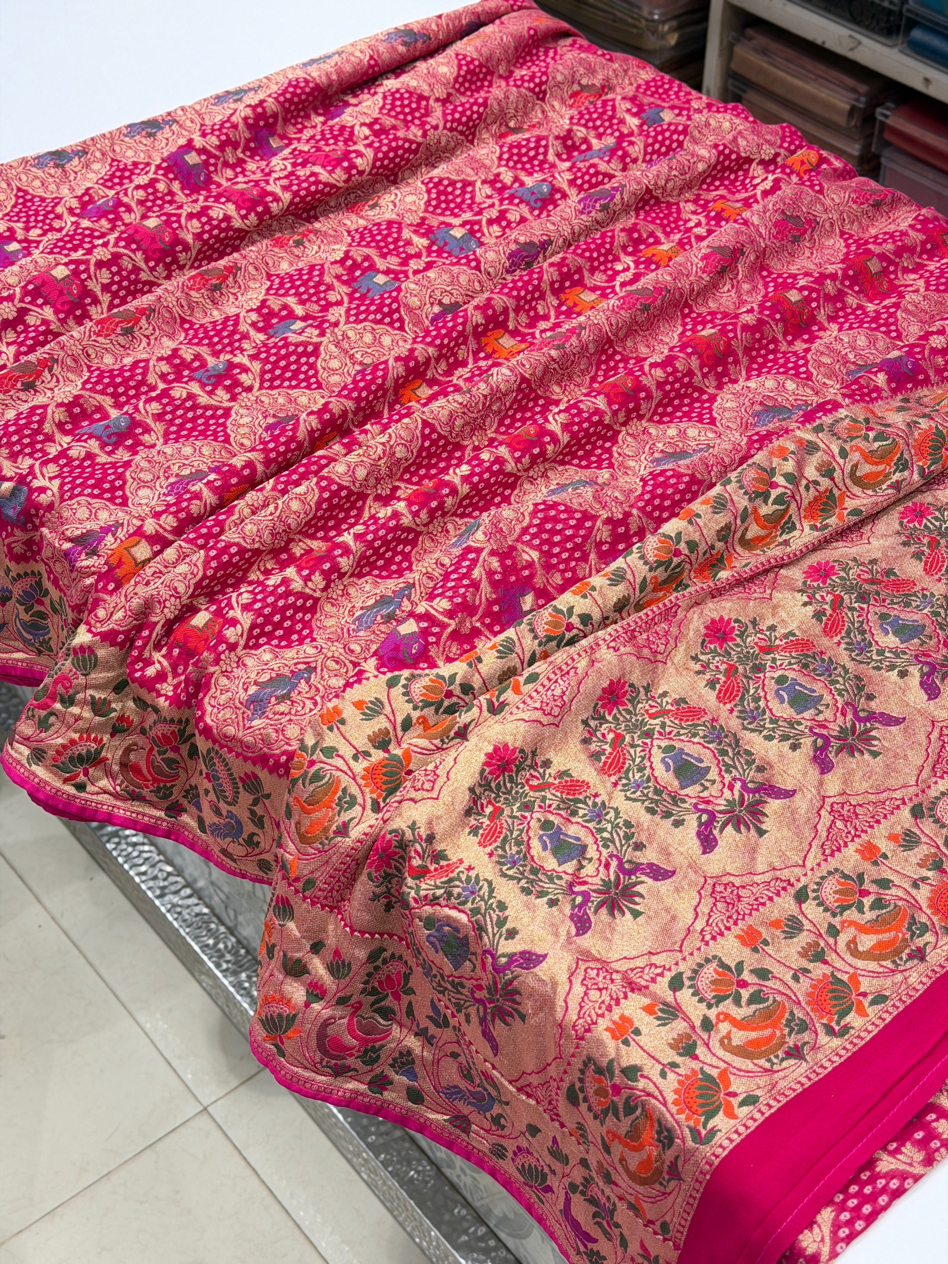 Rani Woven Bandhej Meenakari Peacock Parrot Motif Saree