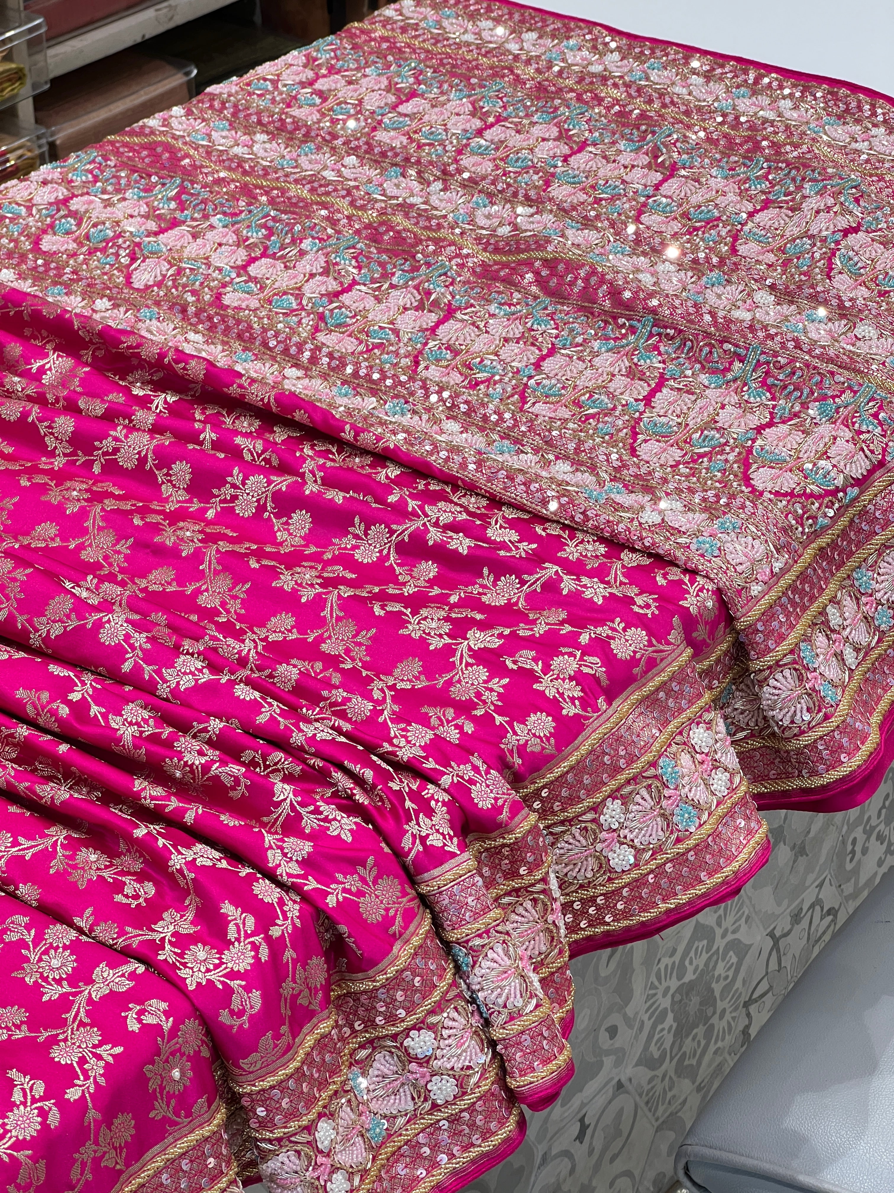 Rani Banarasi Heart Border Fancy Hand Embroidery Saree