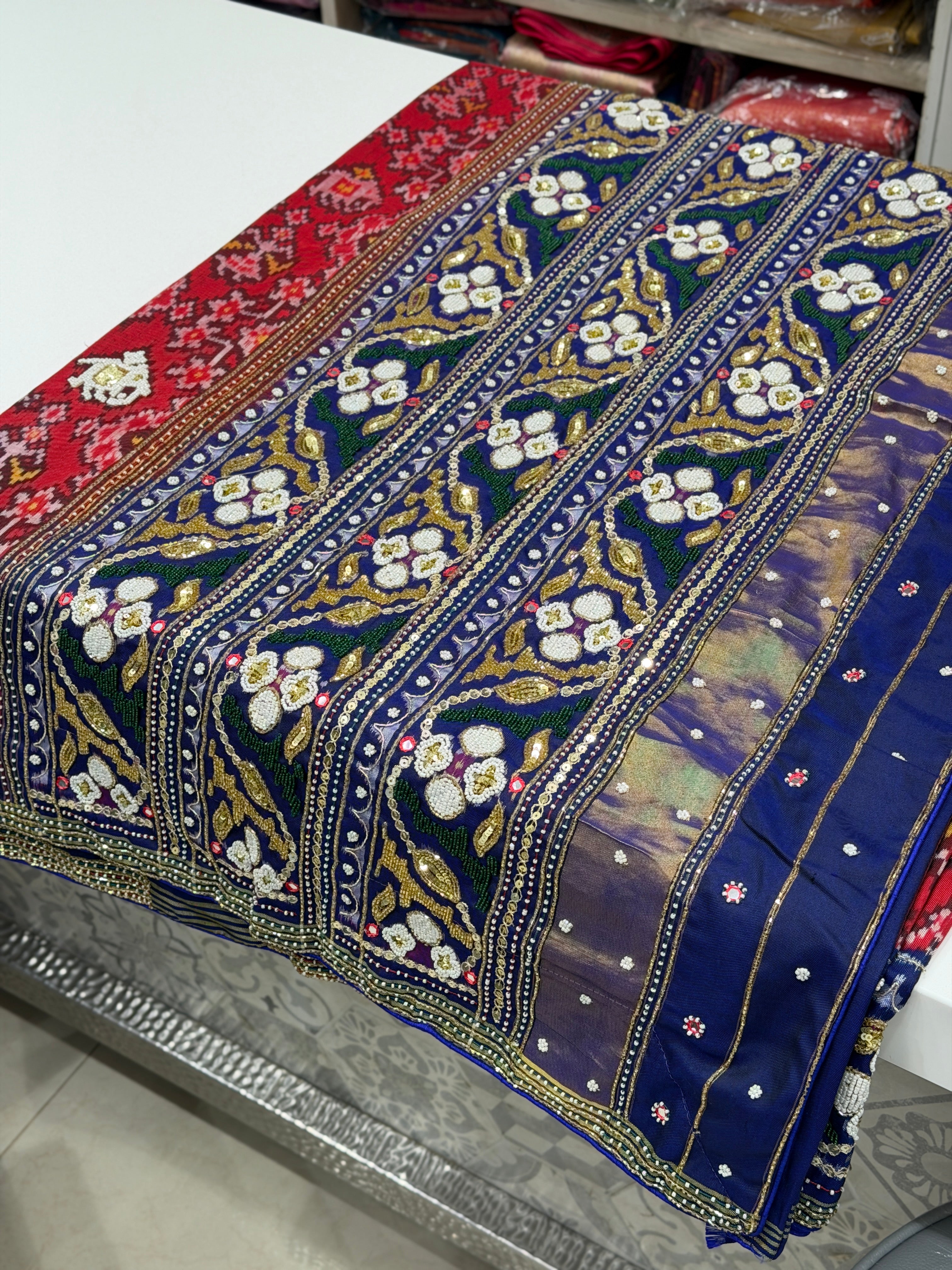 Red Blue Patan Patola Hand Embroidery Kidiya Moti Zardosi Saree