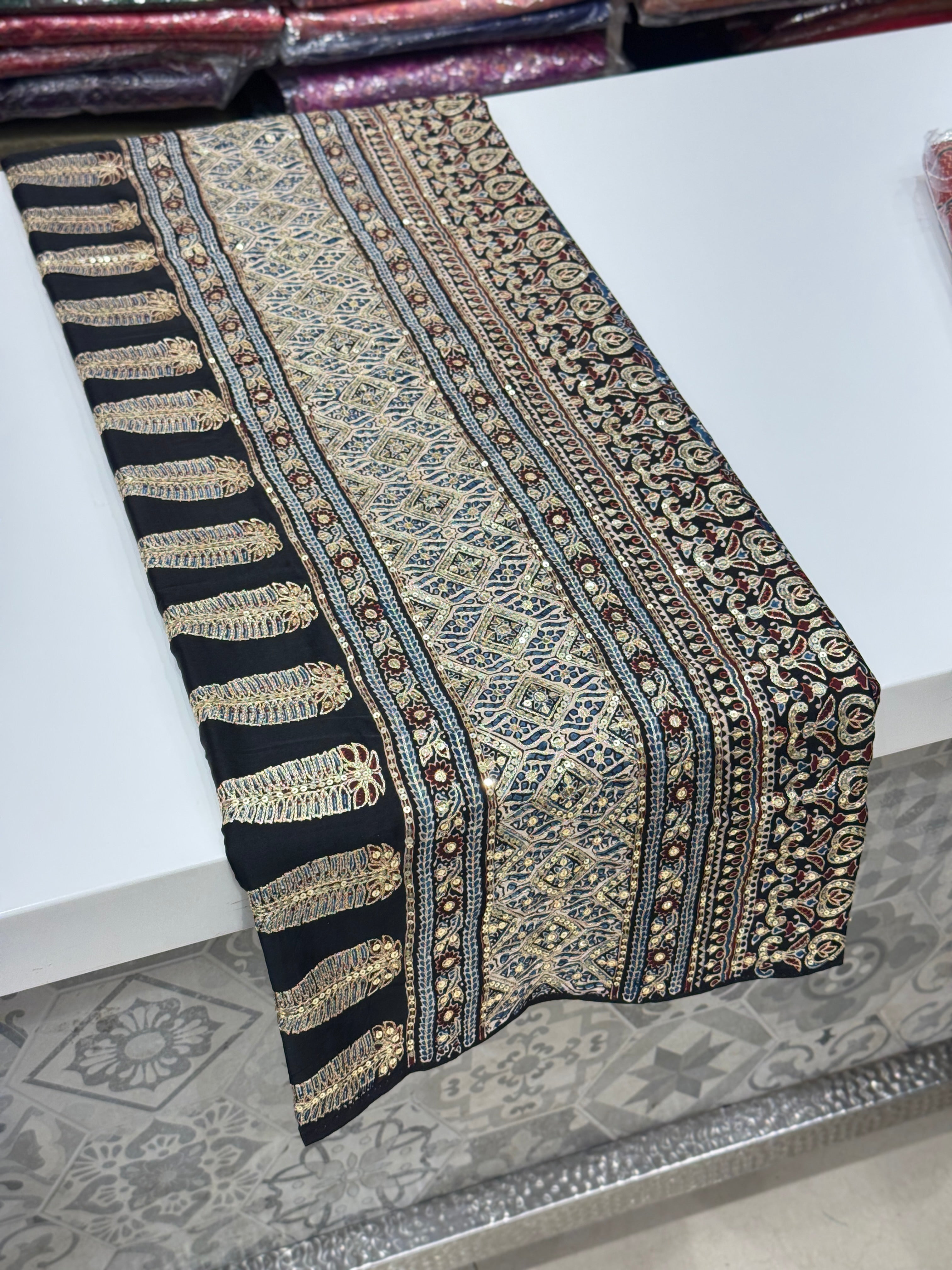 Blue Badam Jaal Pita Sequin Ajrakh Hand Embroidery Saree