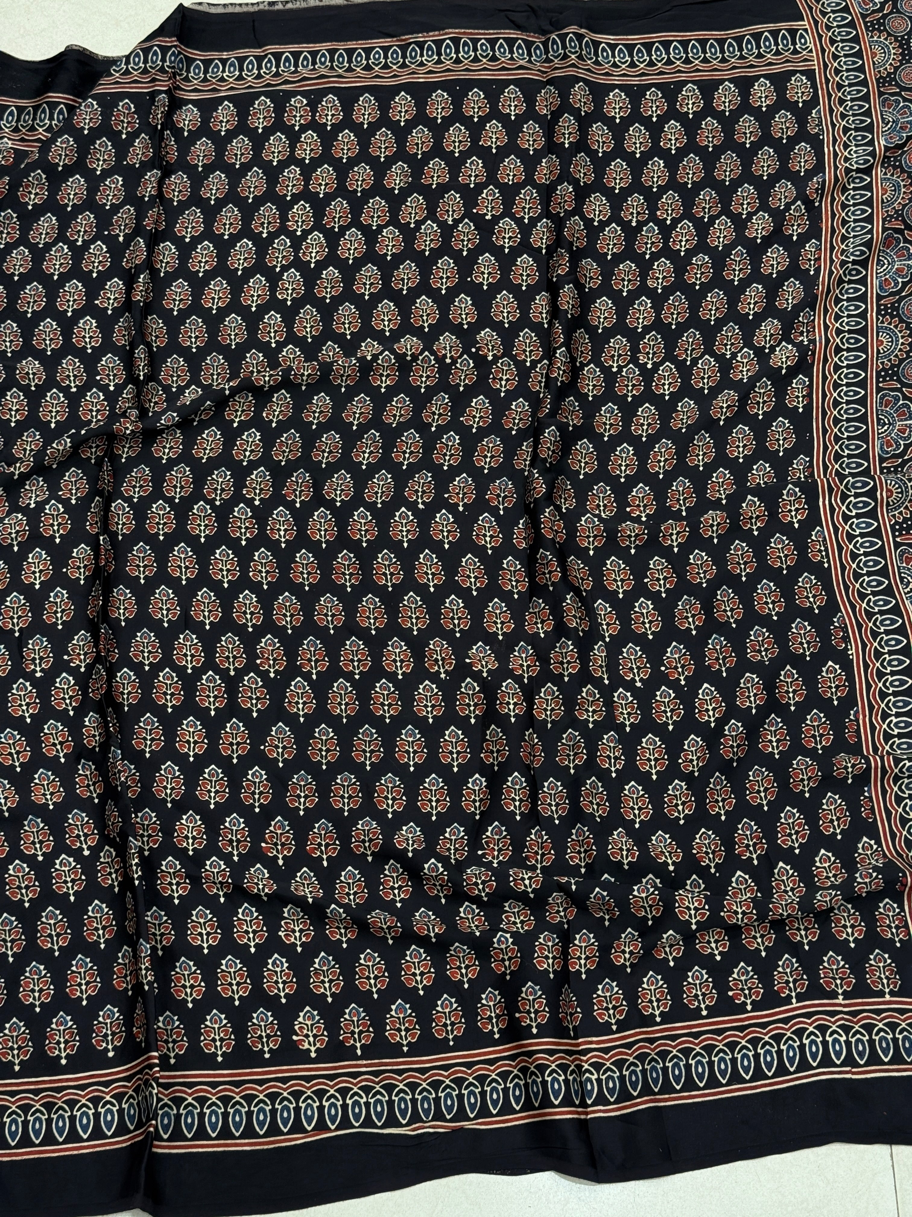 Black Blue Buttis Ajrakh Block Print Hand Pure Gajji Silk Saree