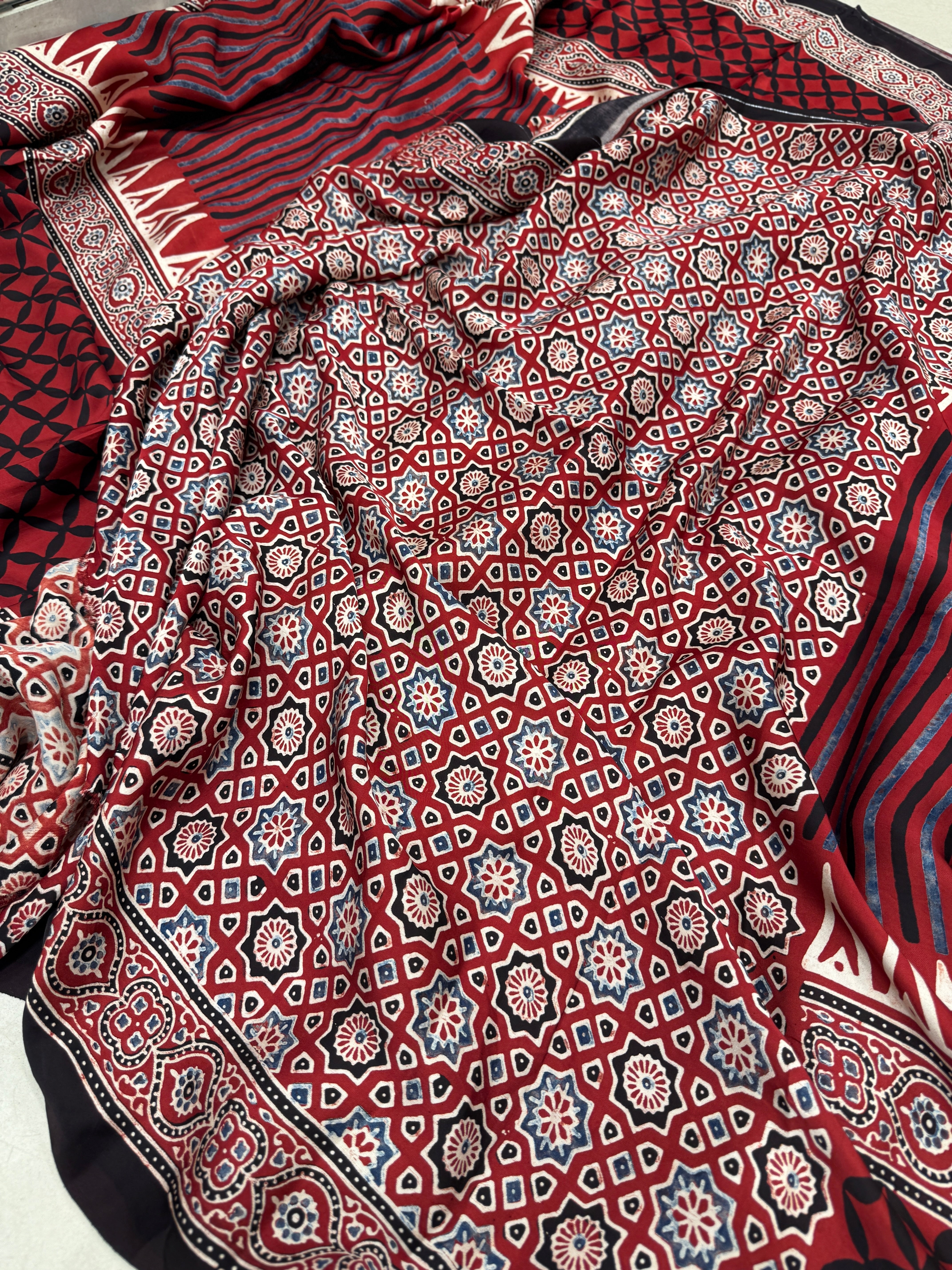 Red Line Contemporary Modal Gajji Silk Ajrakh Saree