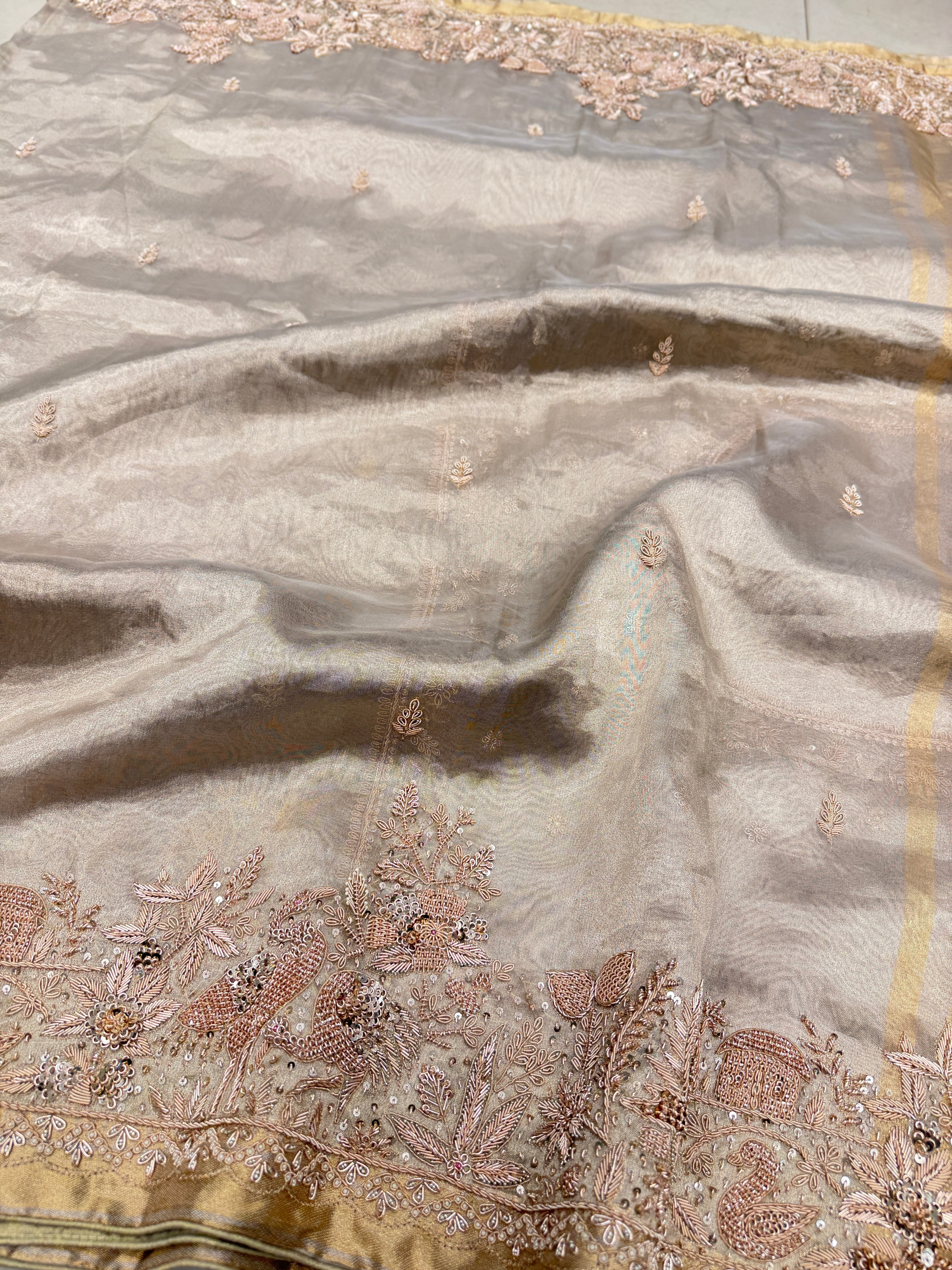 Tissue Parsi Style Zardosi Hand Embroidery Saree