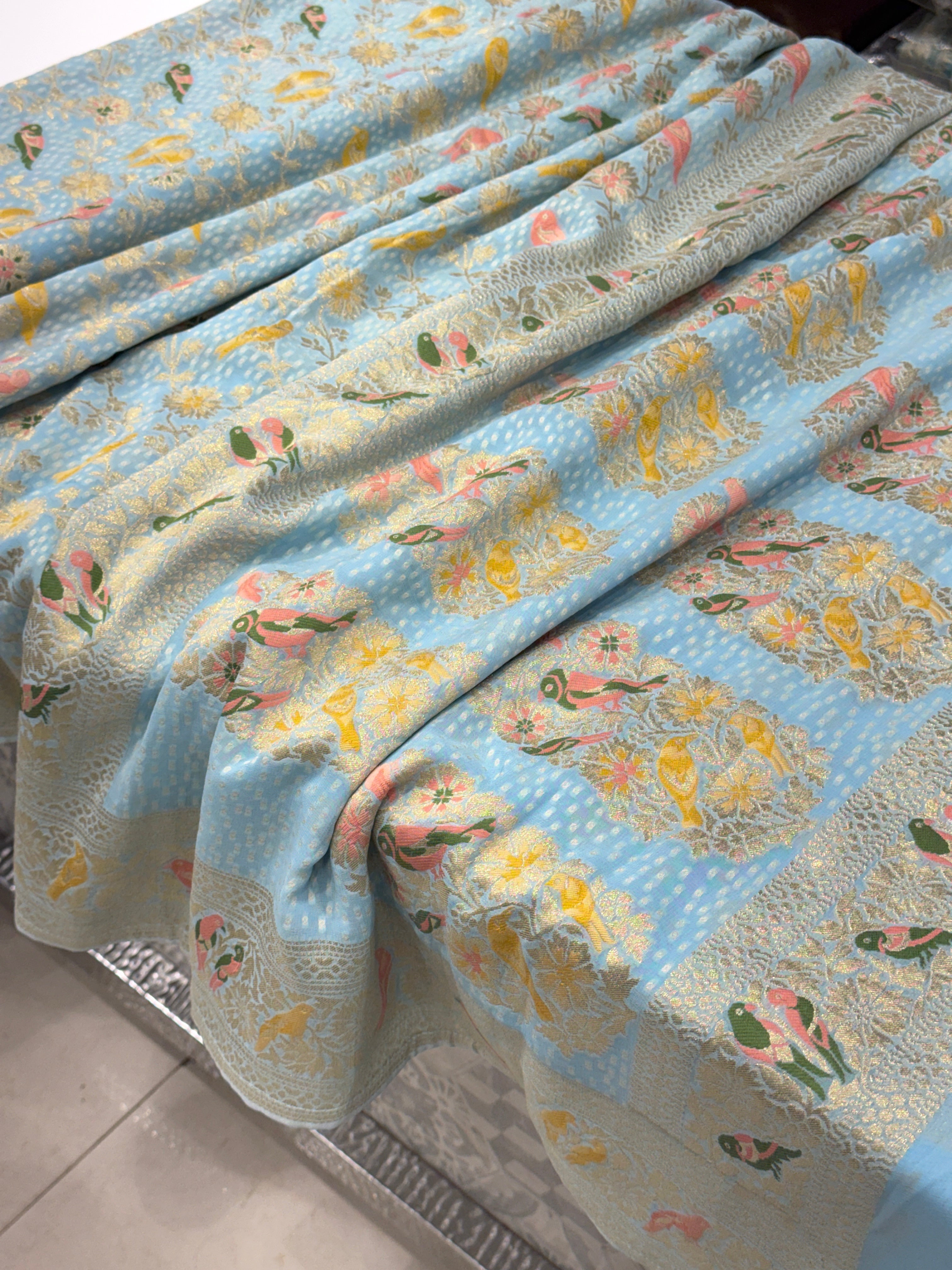 Light Blue Woven Bandhej Meenakari Parrot Motif Saree