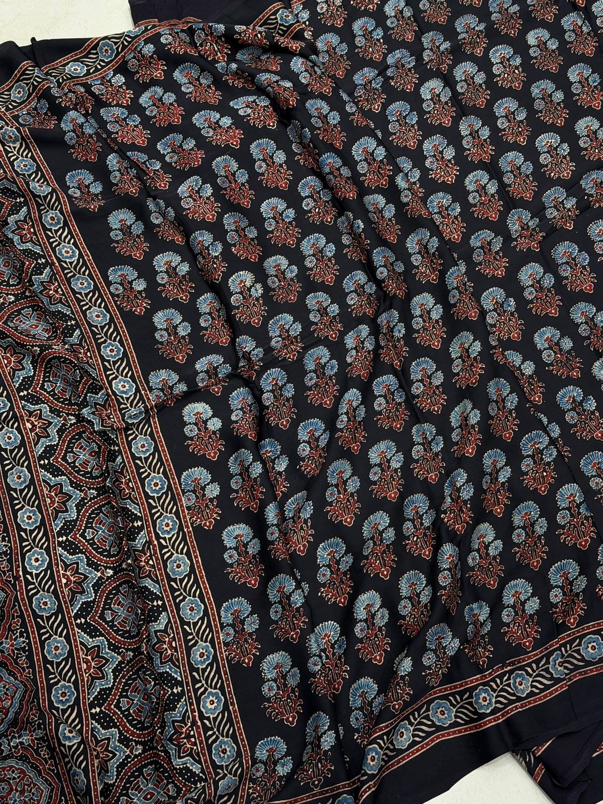 Black Buttas Ajrakh Hand Block Print Pure Gajji Silk Dupatta