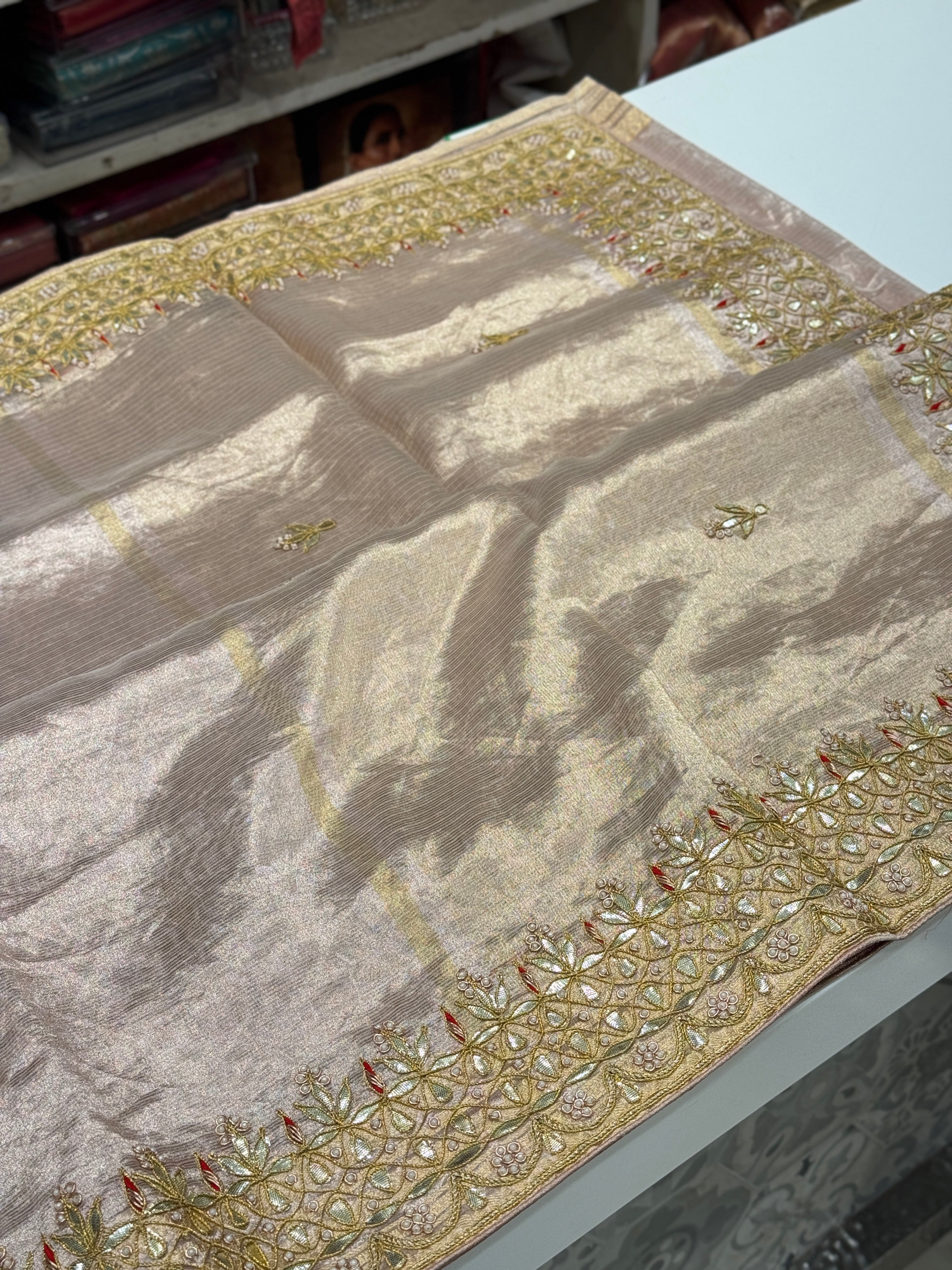 Pink Tissue Handloom Gotapatti Zardosi Hand Embroidery Saree