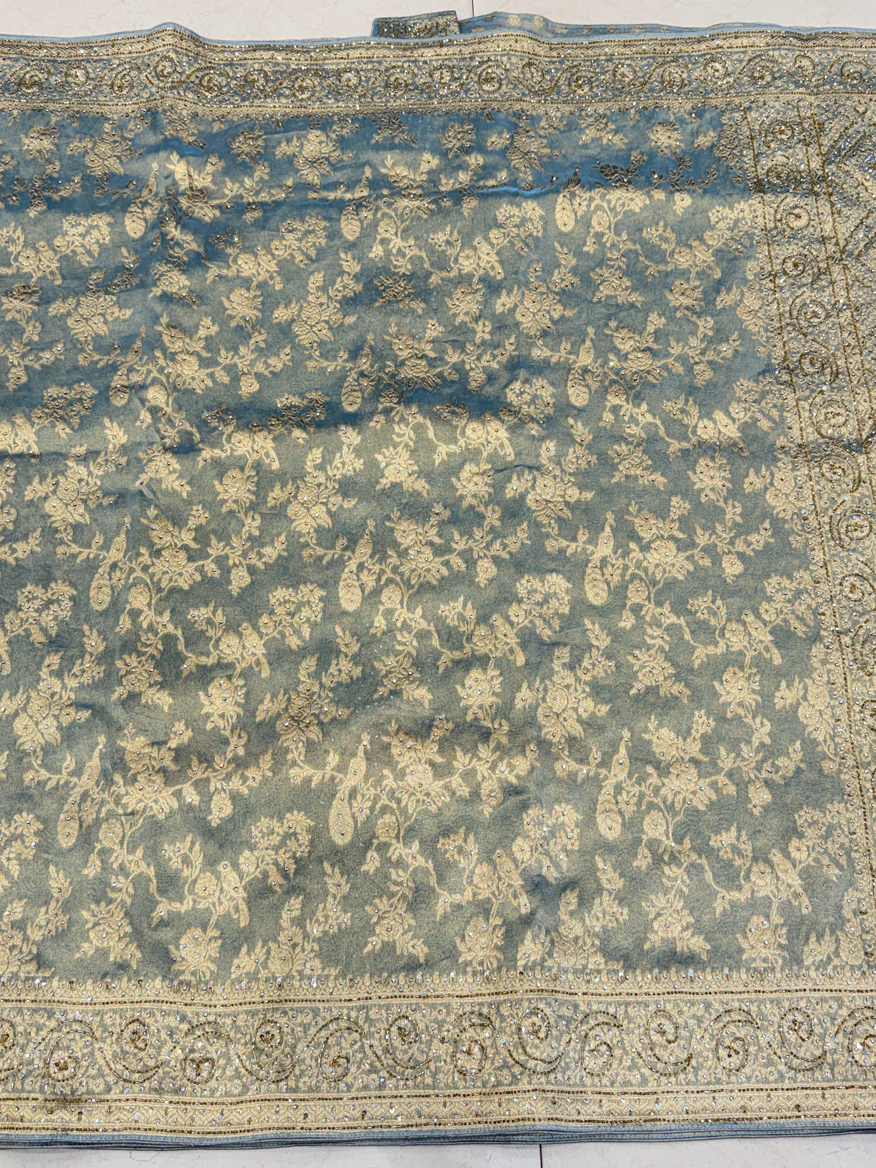 Space Blue Tissue Jaal Stone Hand Embroidery Saree