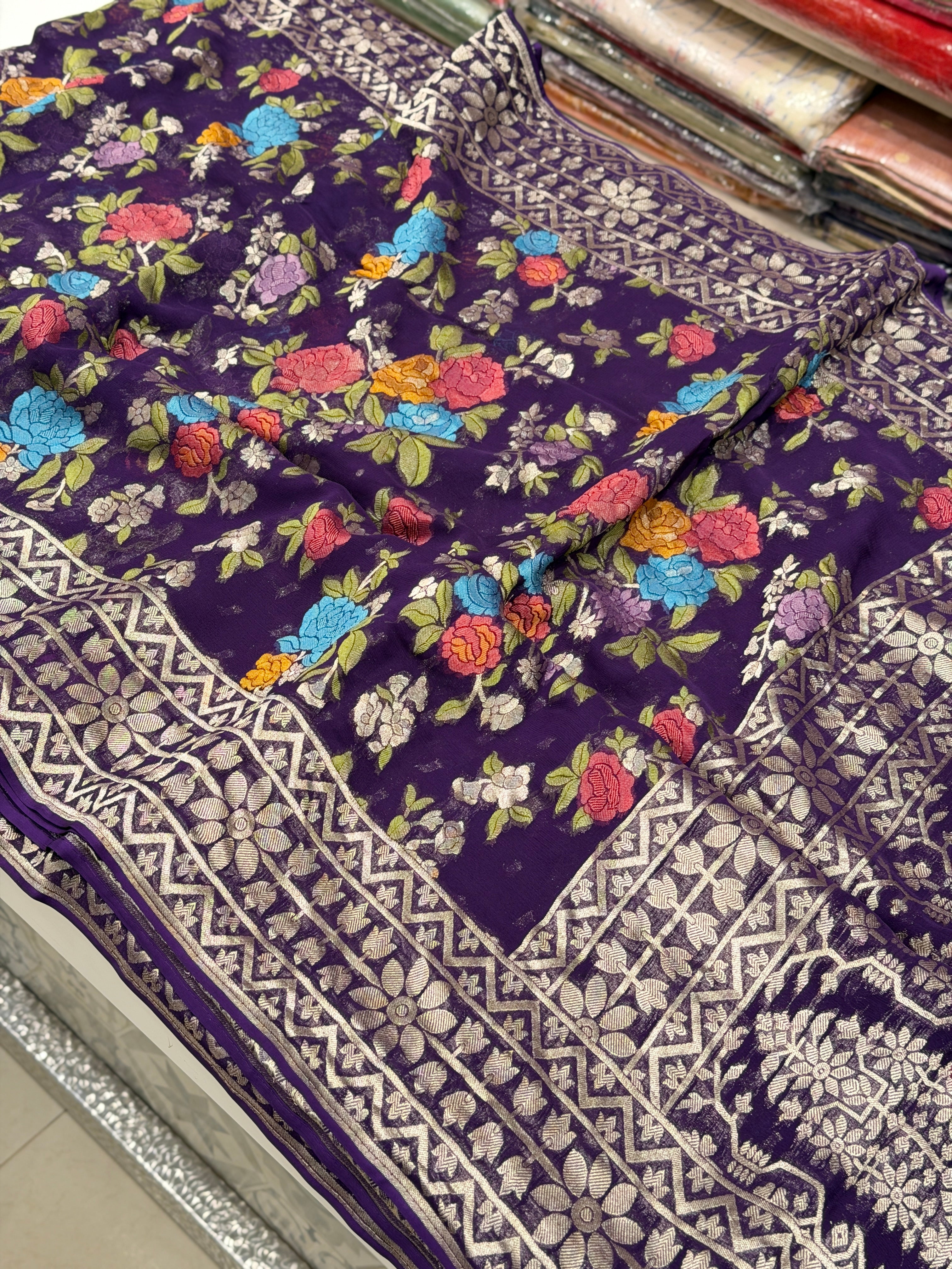 Violet Meenakari Floral Banarasi Khaddi Georgette Saree